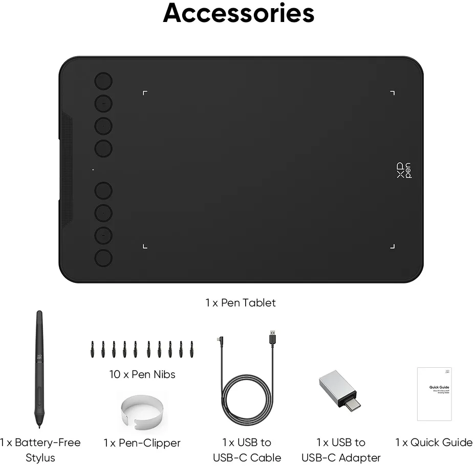 Tablet, toll, hegyek, tollcsipesz, USB kábel, USB adapter, gyors útmutató látható.