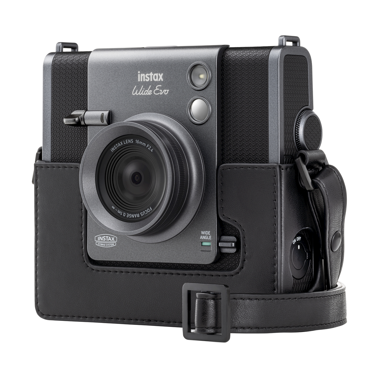 Fotocamera Instax Wide Evo in una custodia nera con cinturino.