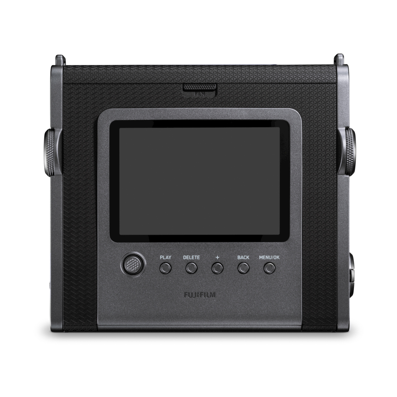 Fotocamera nera e quadrata con schermo e pulsanti. Fujifilm.