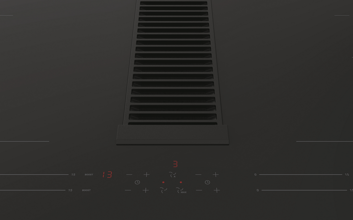 Encimera negra con ventilación integrada. Pantalla digital con números rojos.