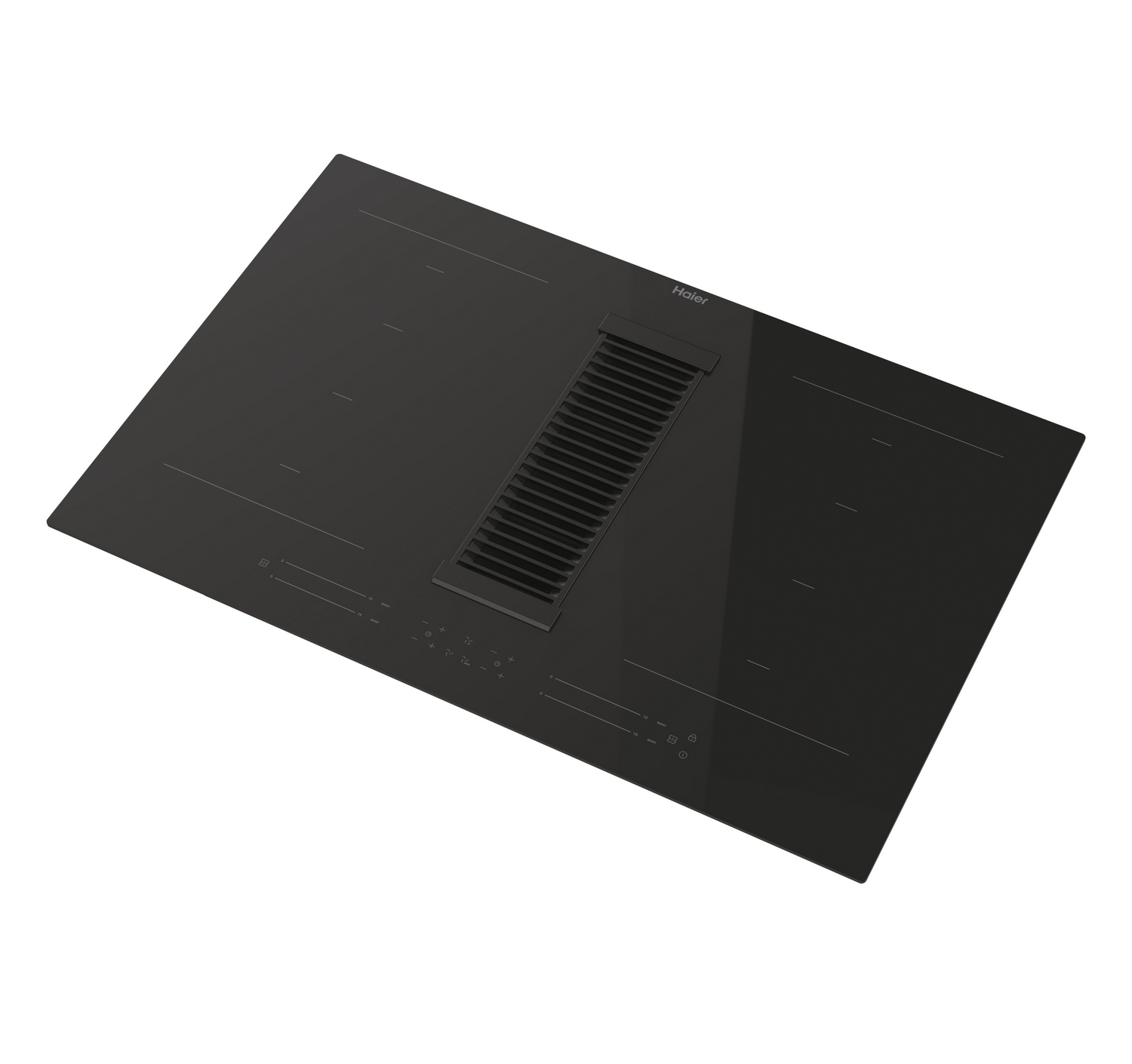 Placa negra con extractor integrado, fondo blanco y vista superior.