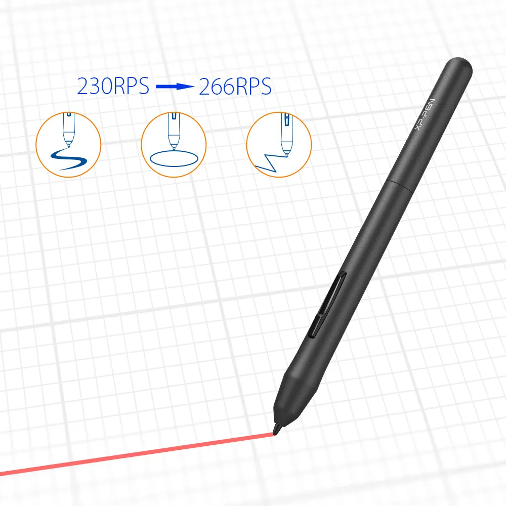 Fekete toll, 'XP-Pen' felirattal, piros vonallal és ábrákkal.