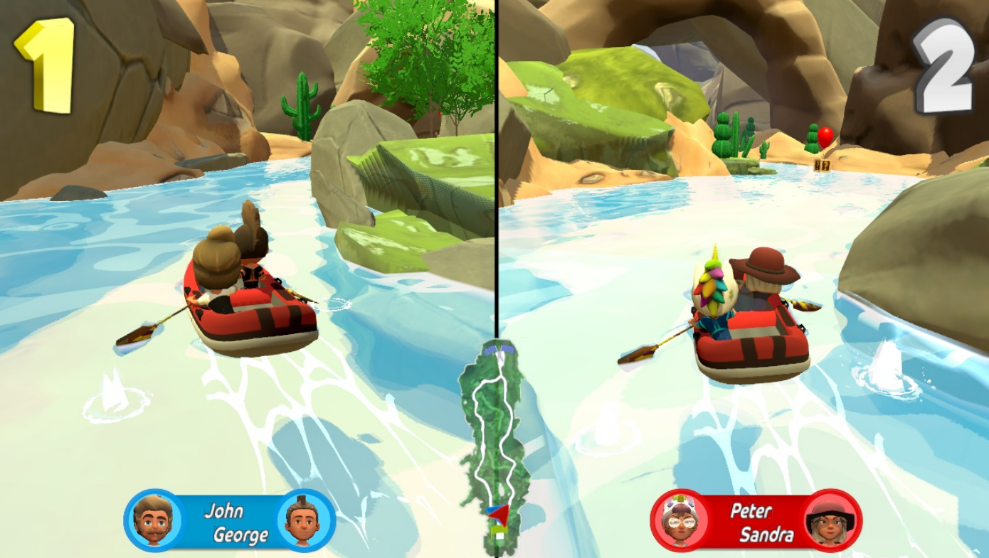 Zwei Flöße auf einem Fluss. Floß 1: John und George. Floß 2: Peter und Sandra. Wüstenlandschaft mit Kakteen, Felsen und Grünflächen.