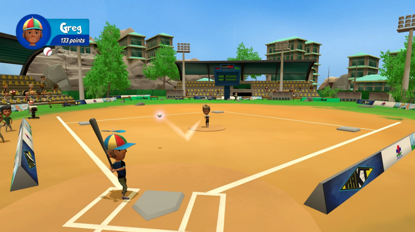 Cartoon-Baseballspiel-Szene. Ein Schlagmann, ein Pitcher und ein Publikum sind sichtbar.