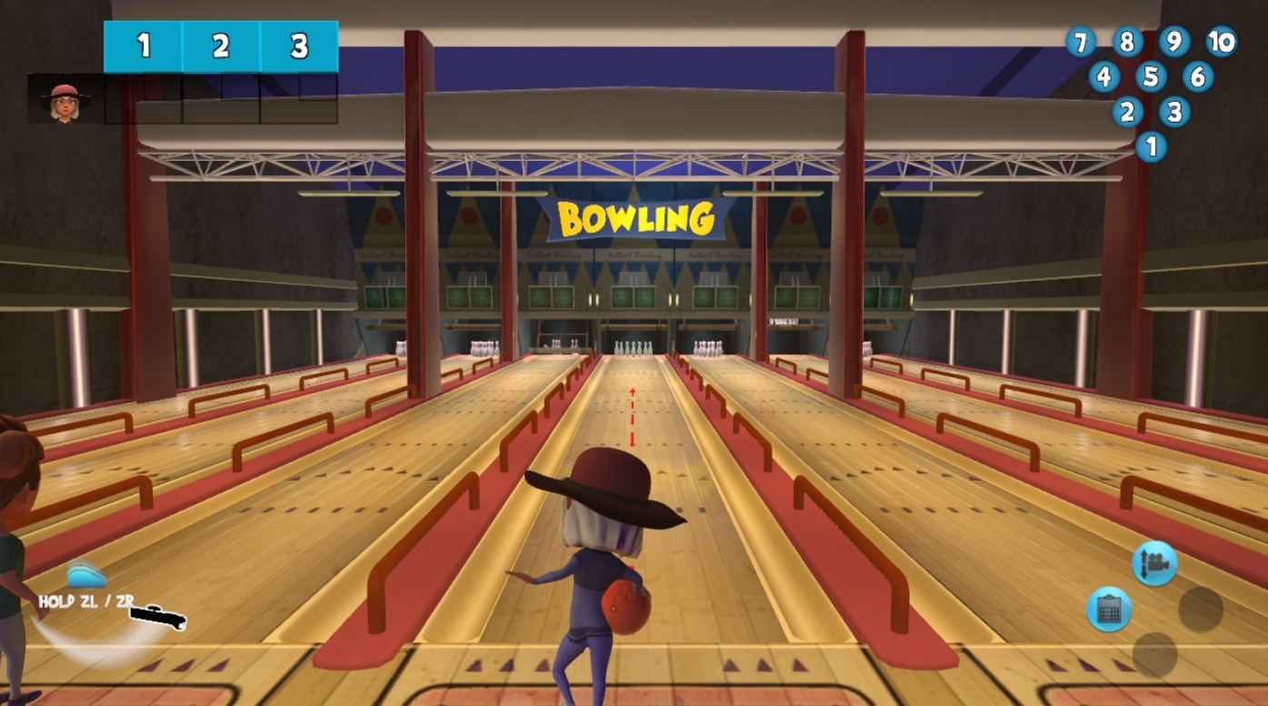 Ein Cartoon-Bowling-Spiel wird auf einem Bildschirm gespielt.