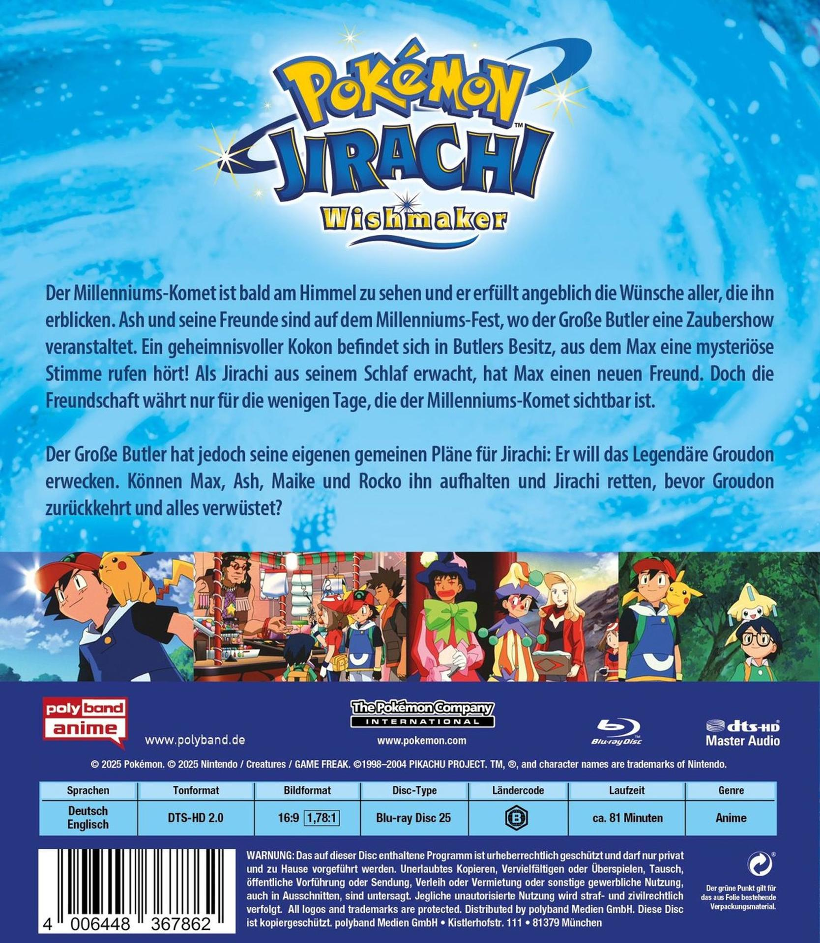 Rückseite einer Pokémon Jirachi Film-DVD-Hülle mit Charakterillustrationen und Text.