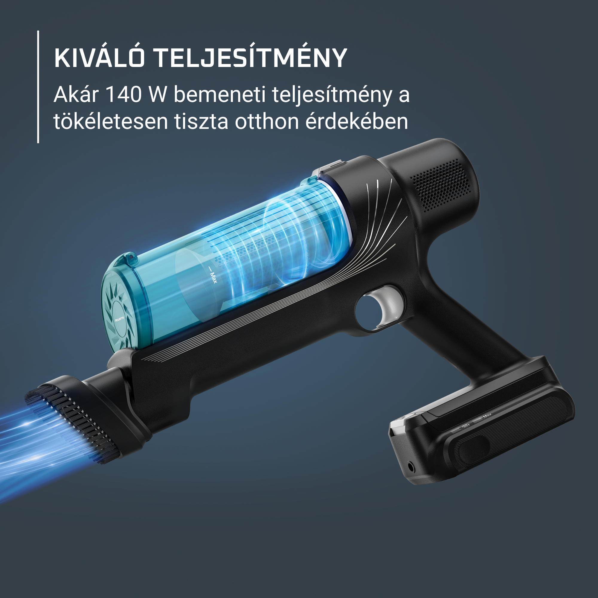 Fekete-kék porszívó átlátszó tartállyal és fogantyúval. A kék fény jelzi a teljesítményt.