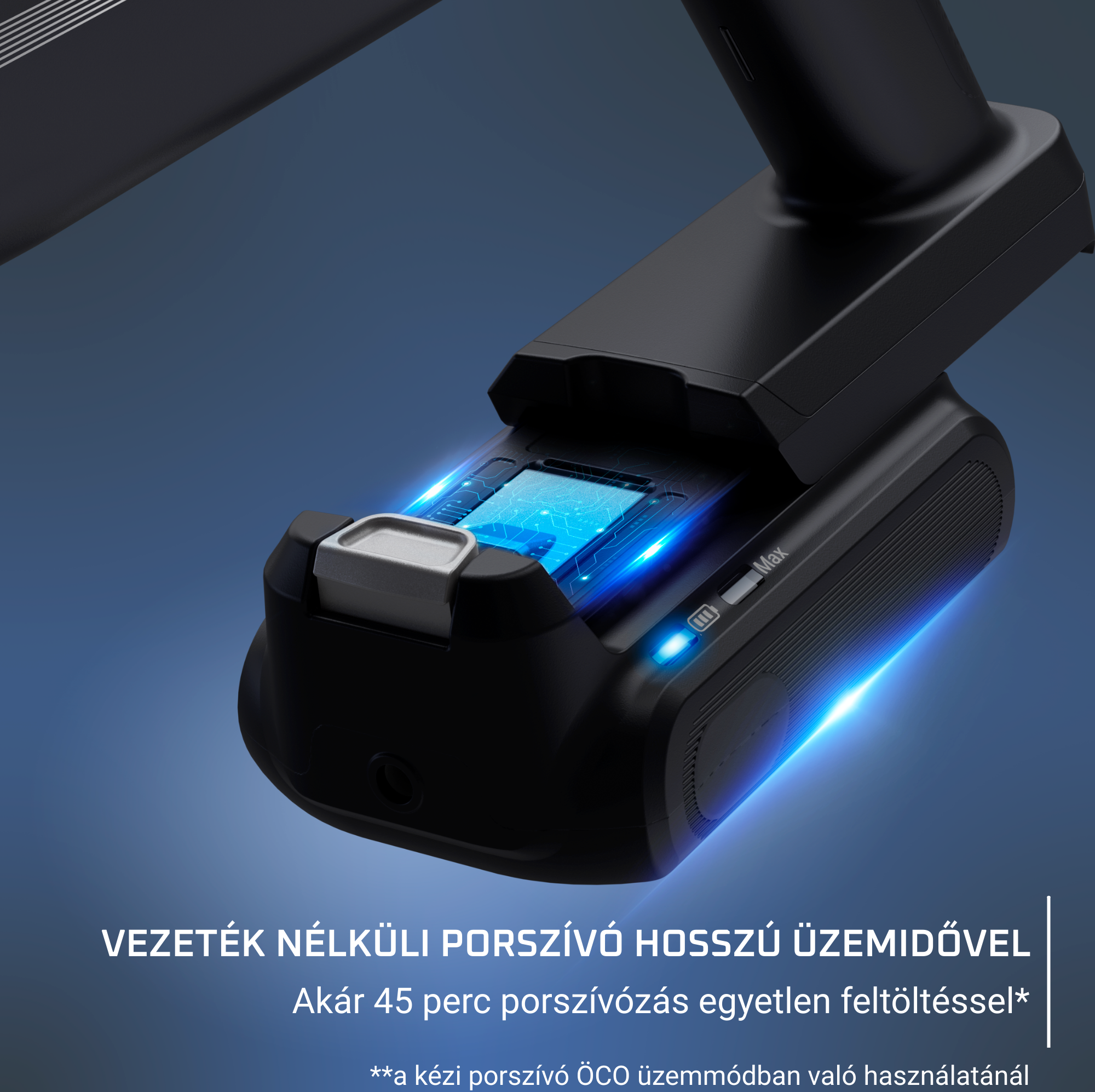 Fekete vezeték nélküli porszívó részlete, nyitott akkumulátorrekesszel és kék fénnyel, színátmenetes háttérrel.