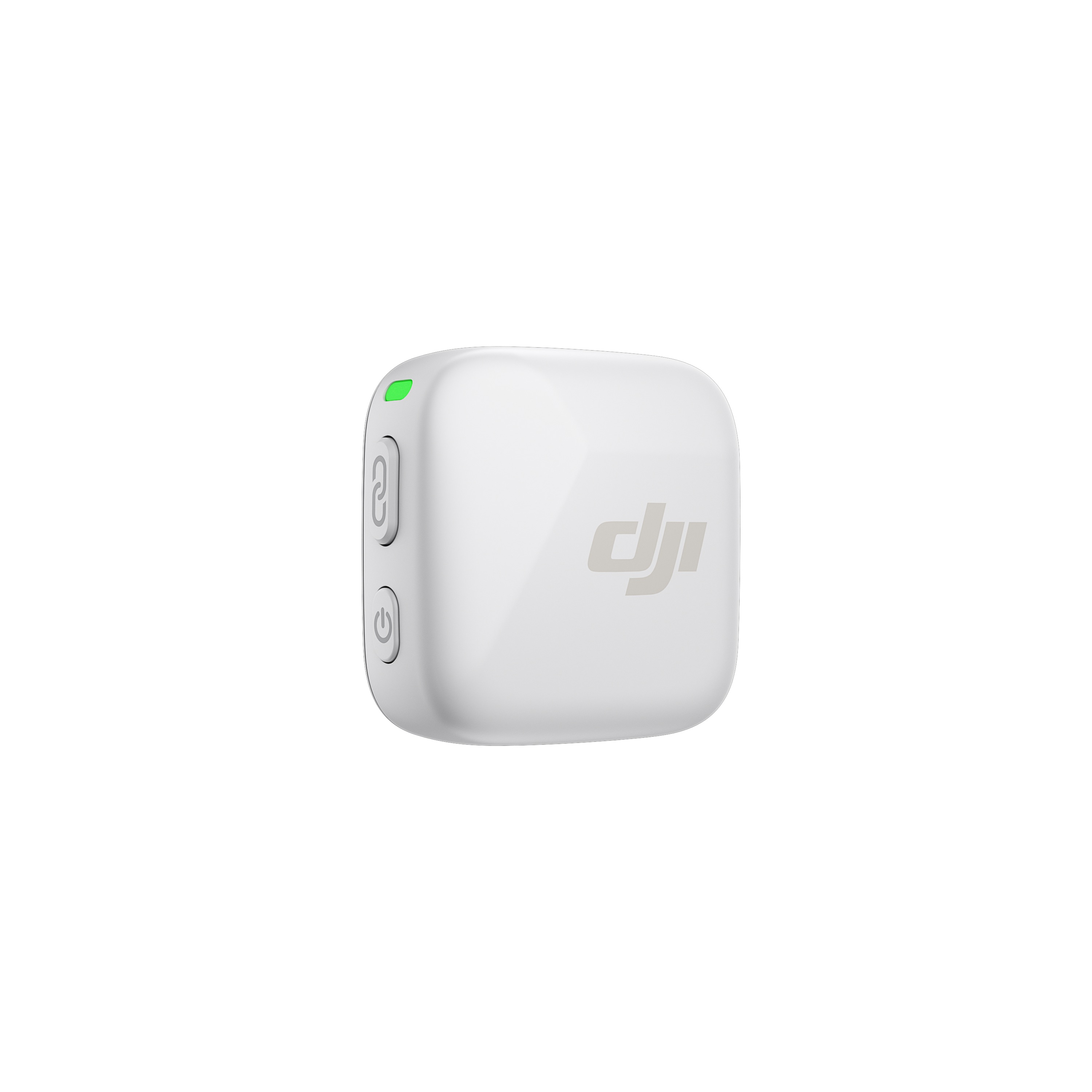Yeşil ışıklı beyaz, kare bir cihaz. İki düğmesi ve DJI logosu var.