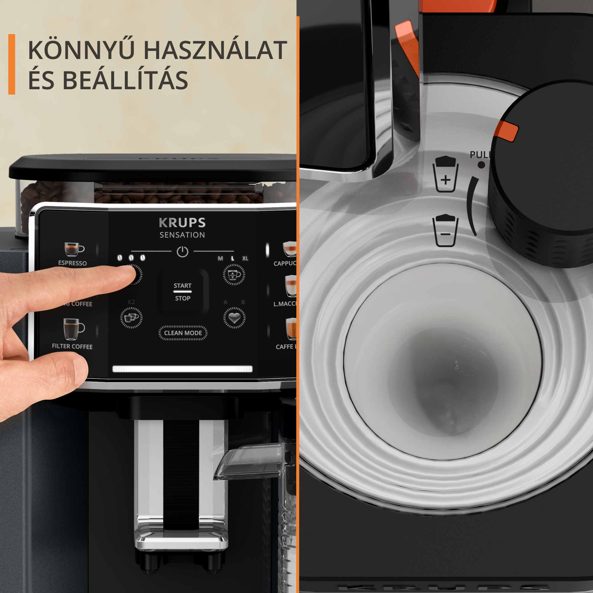 Közelkép a Krups Sensation kávéfőző interfészéről.