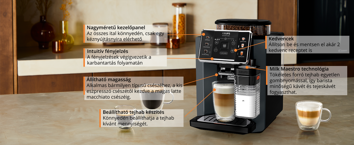 Esspresszó gép, szöveges annotációkkal. Kávékészítést mutatja, a gép jellemzőivel.