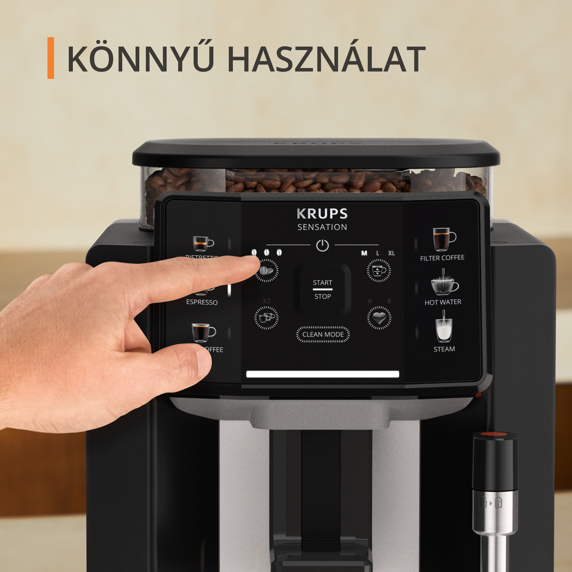 Egy kéz megnyom egy gombot egy fekete kávéfőző képernyőjén.
