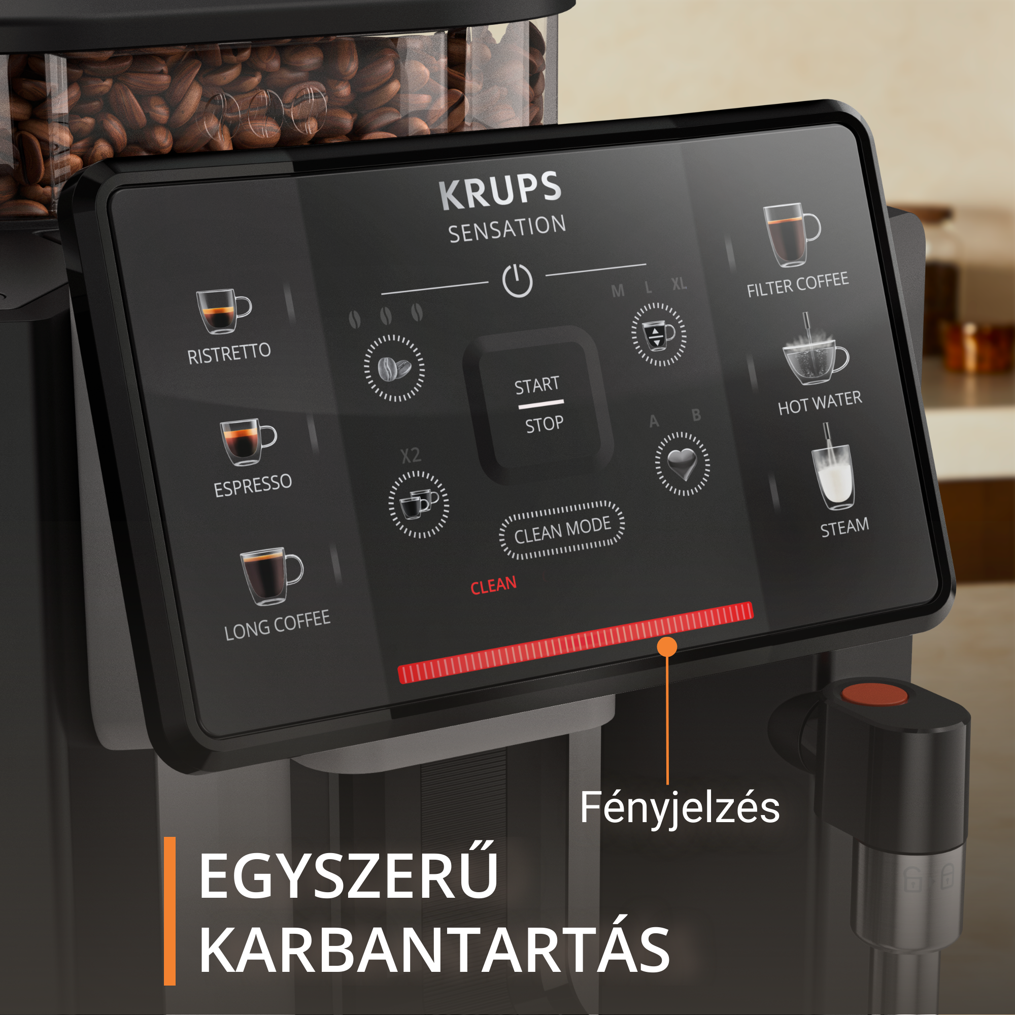 A Krups Sensation eszpresszó kávéfőző vezérlőpaneljének közeli képe.