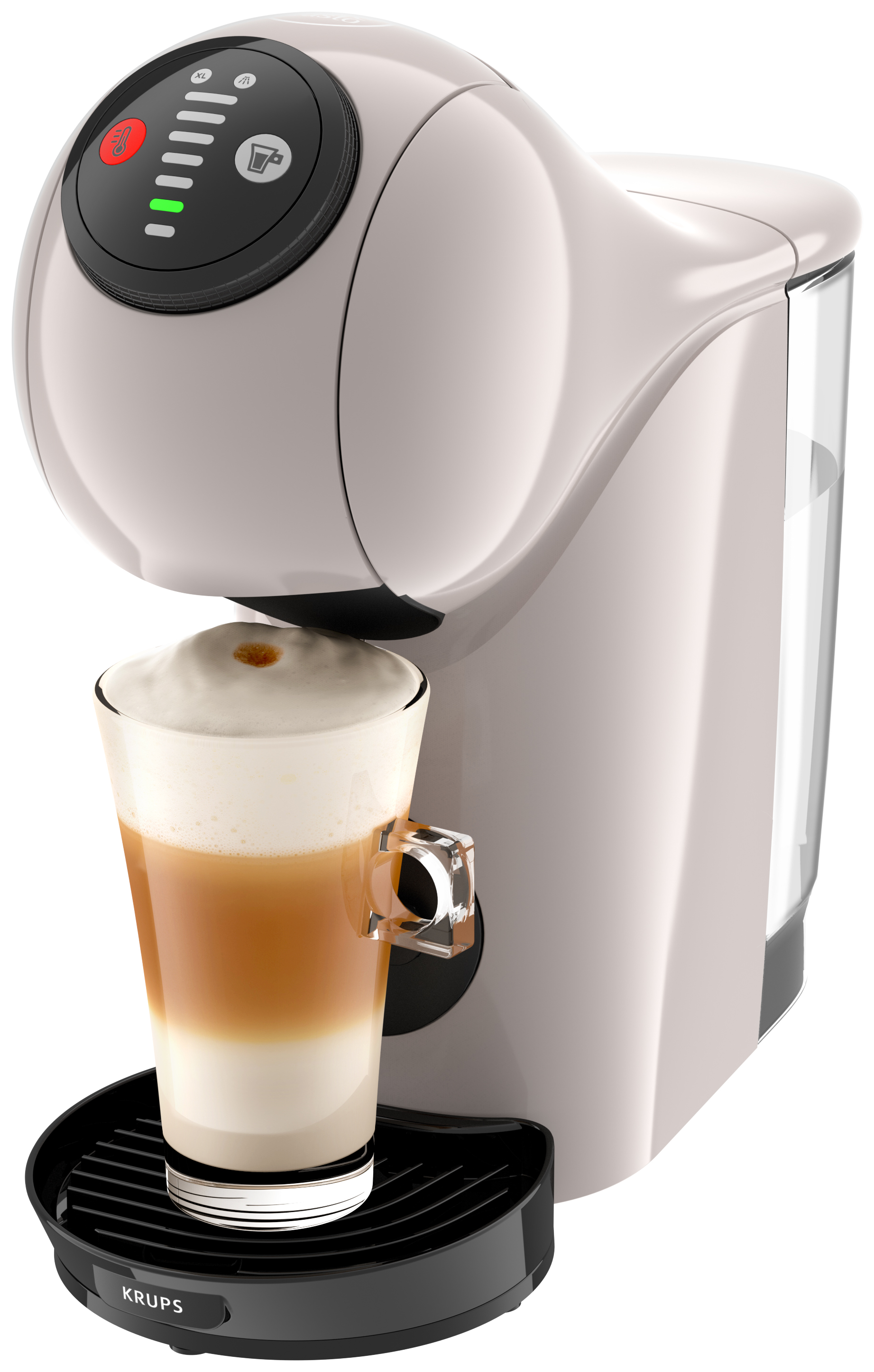 Krups kávéfőző egy pohár latte-val, fehér háttéren, oldalsó nézetben, kiemelt funkciókkal.