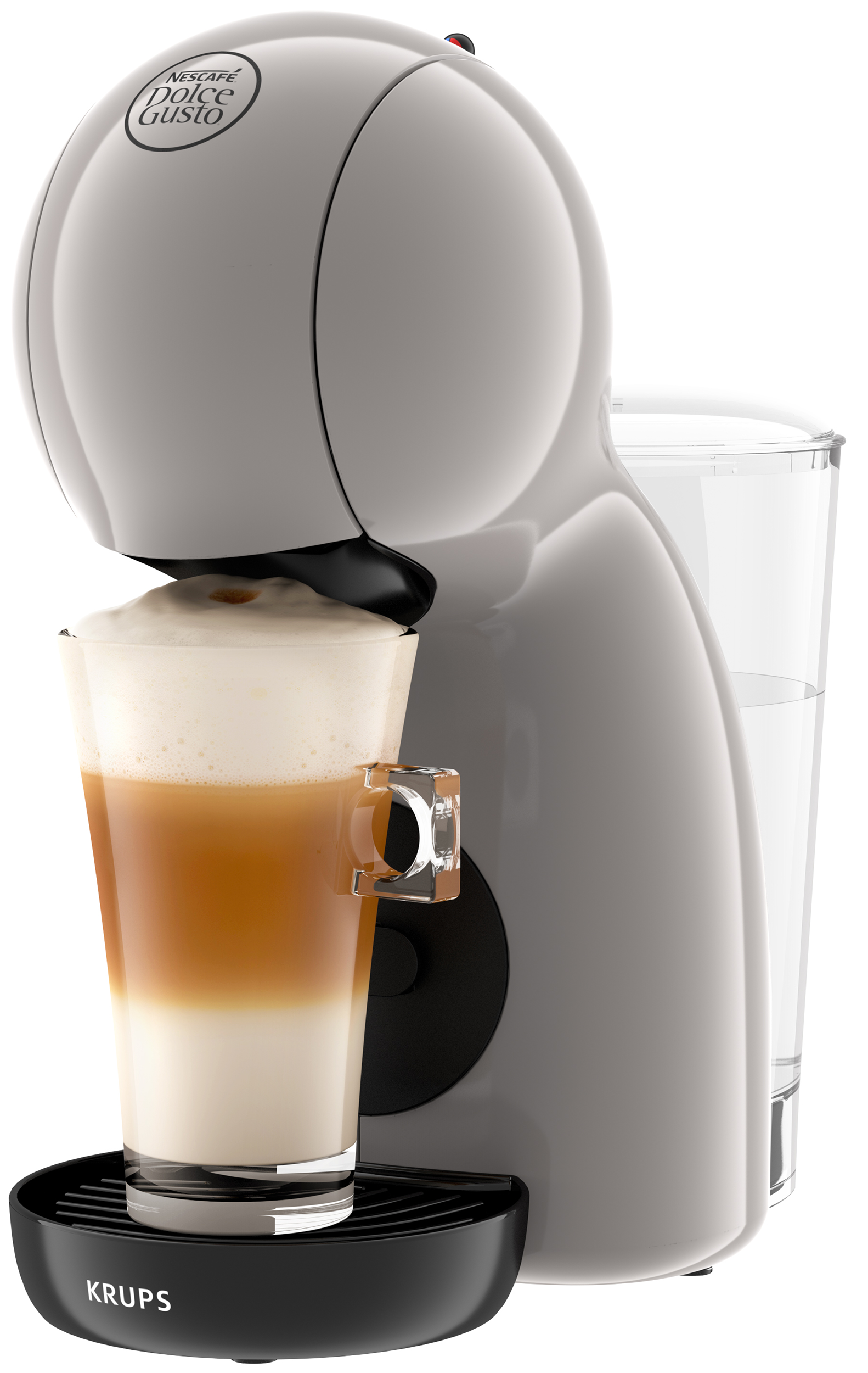 Egy fehér-szürke kávéfőzőgép, amelyben egy latte készül egy pohárban.
