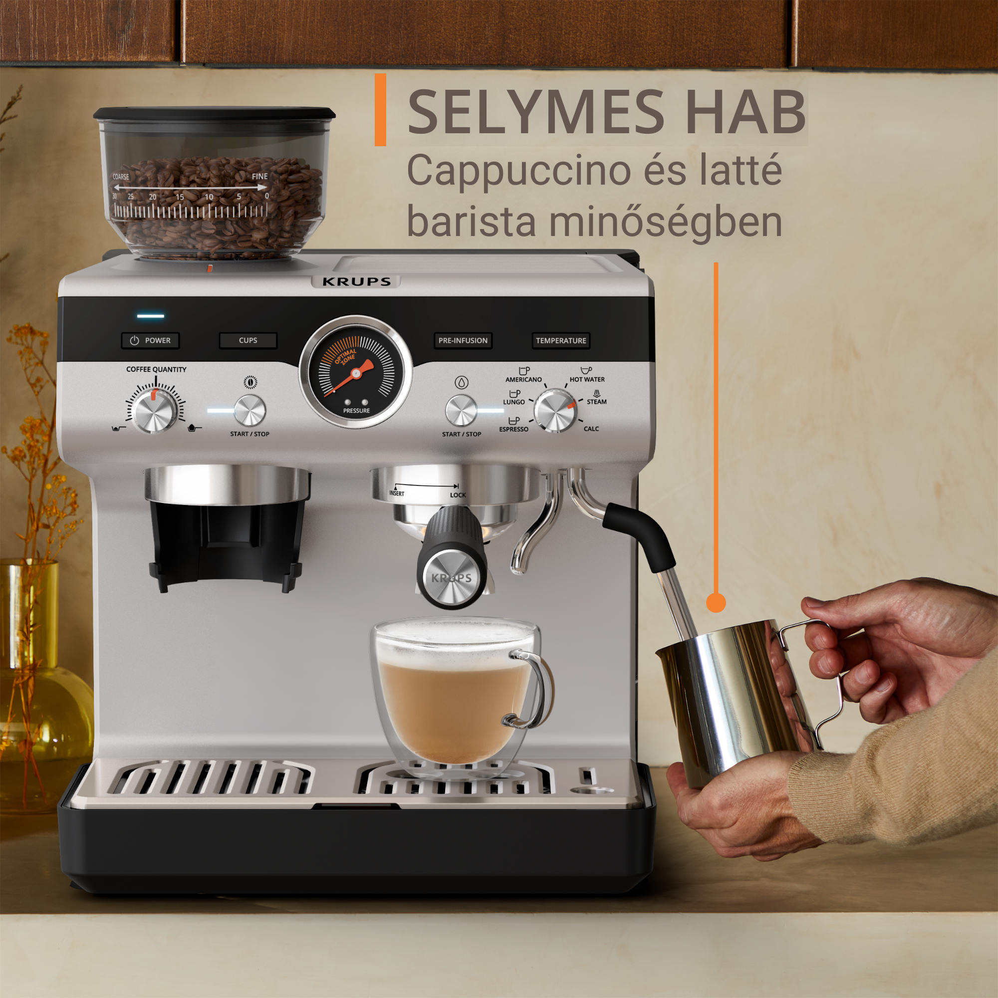 Esspresszó gép, amely kávéval tölti meg a csészét, a barista tejet önt, kiemelt funkciókkal.