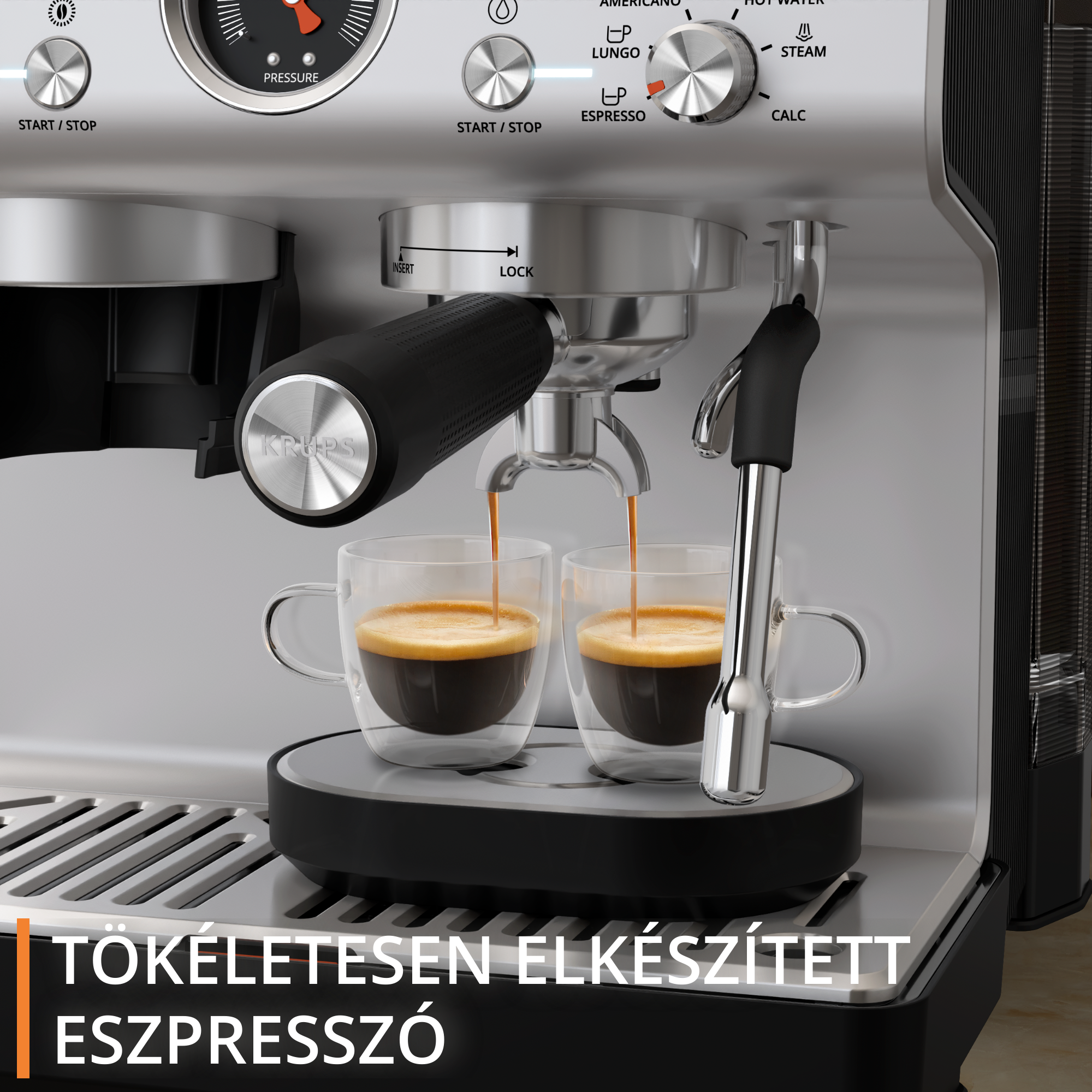 Esspresszó gép két csészével, amelyek kávéval telnek meg, közeli nézet, kiemelt funkciókkal és szöveggel.
