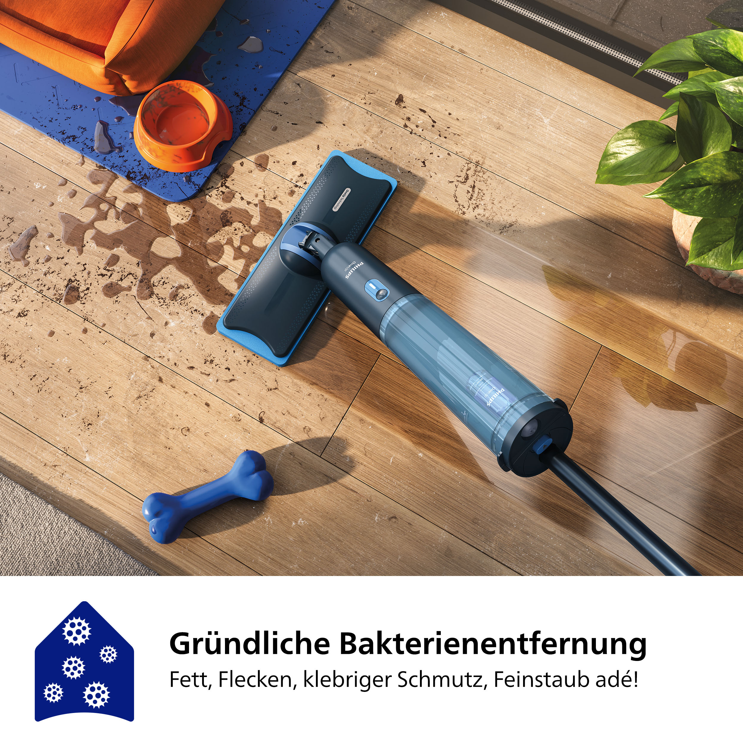 Ein Bodenreinigungswerkzeug auf einem Holzboden mit verschüttetem Wasser und einem blauen Spielzeugknochen.