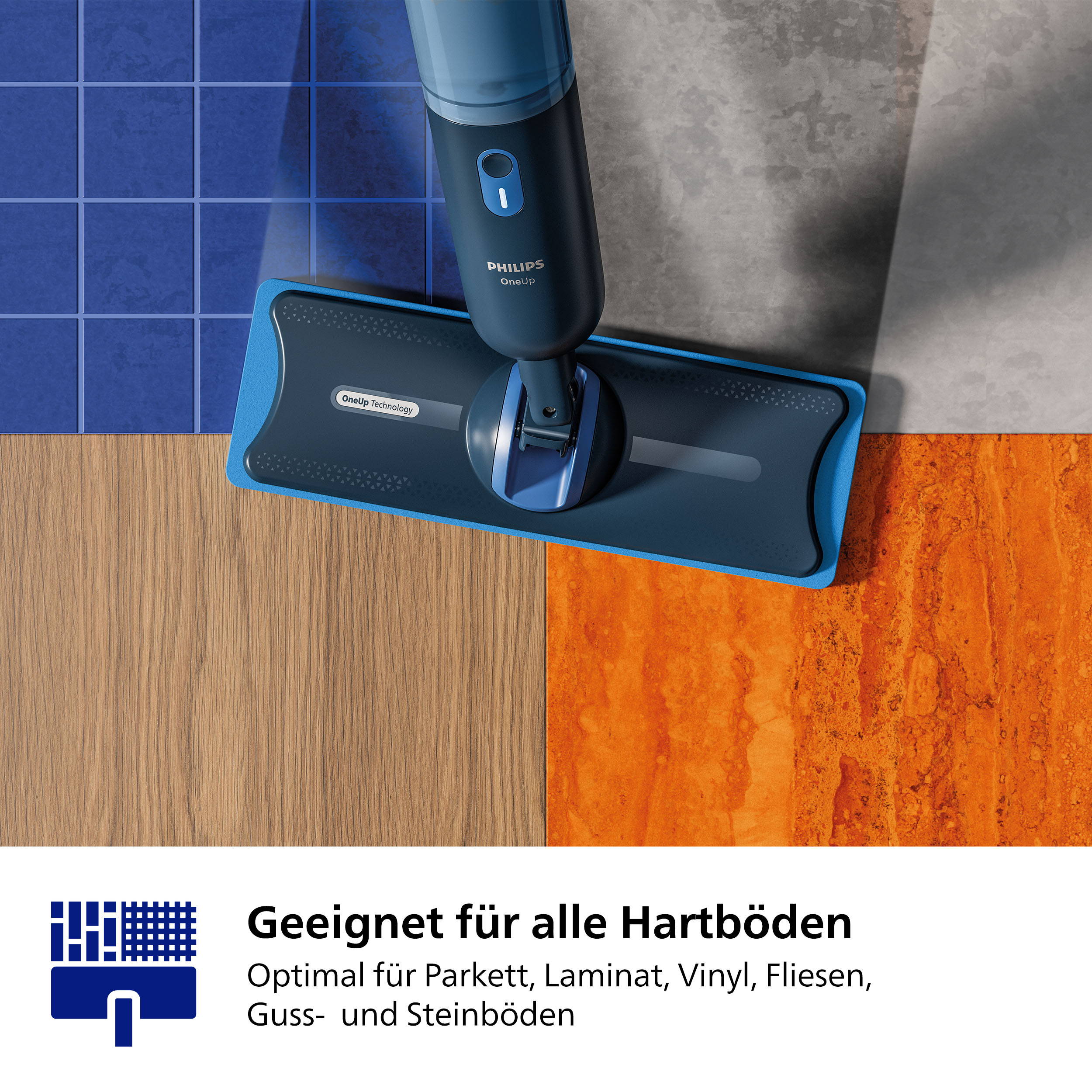 Ein blauer und schwarzer Philips-Wischmopp auf vier verschiedenen Bodenbelägen: blaue Fliesen, grauer Beton, Holz und Orange.
