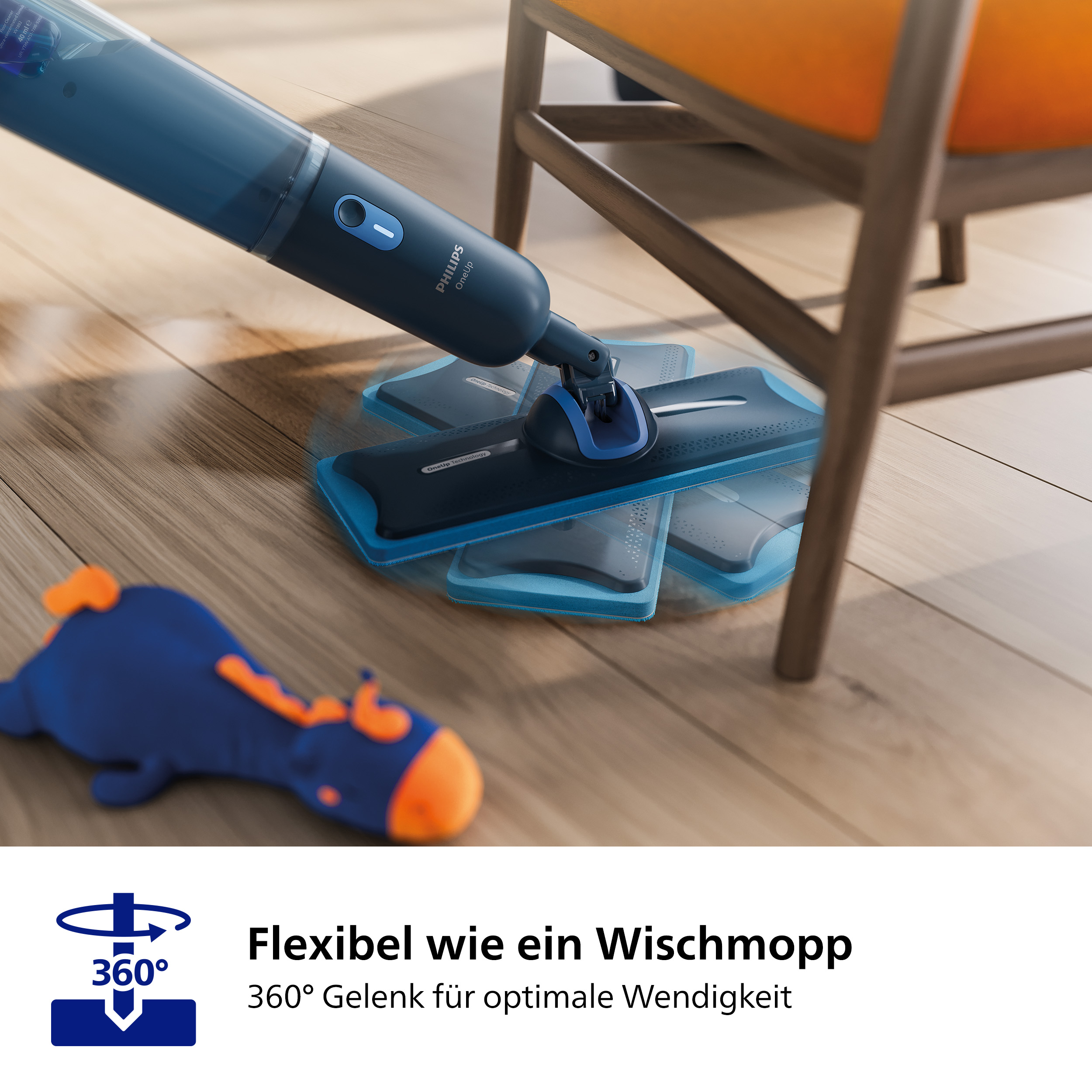 Ein Dampfmopp reinigt Holzböden, mit Drehgelenk und Spielzeug im Hintergrund.