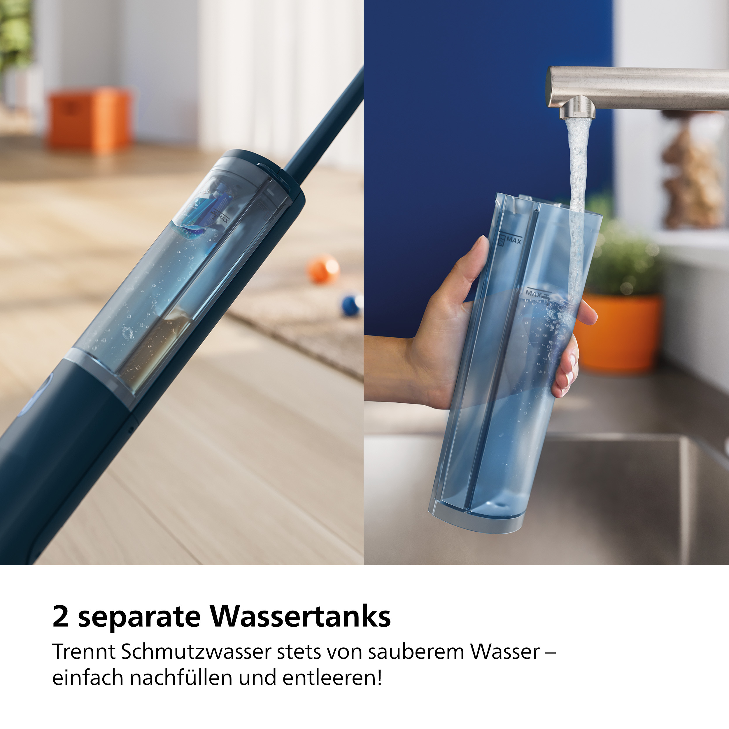 Wassertanks des Dampfmopps, einer mit sauberem Wasser, der andere mit Schmutzwasser.