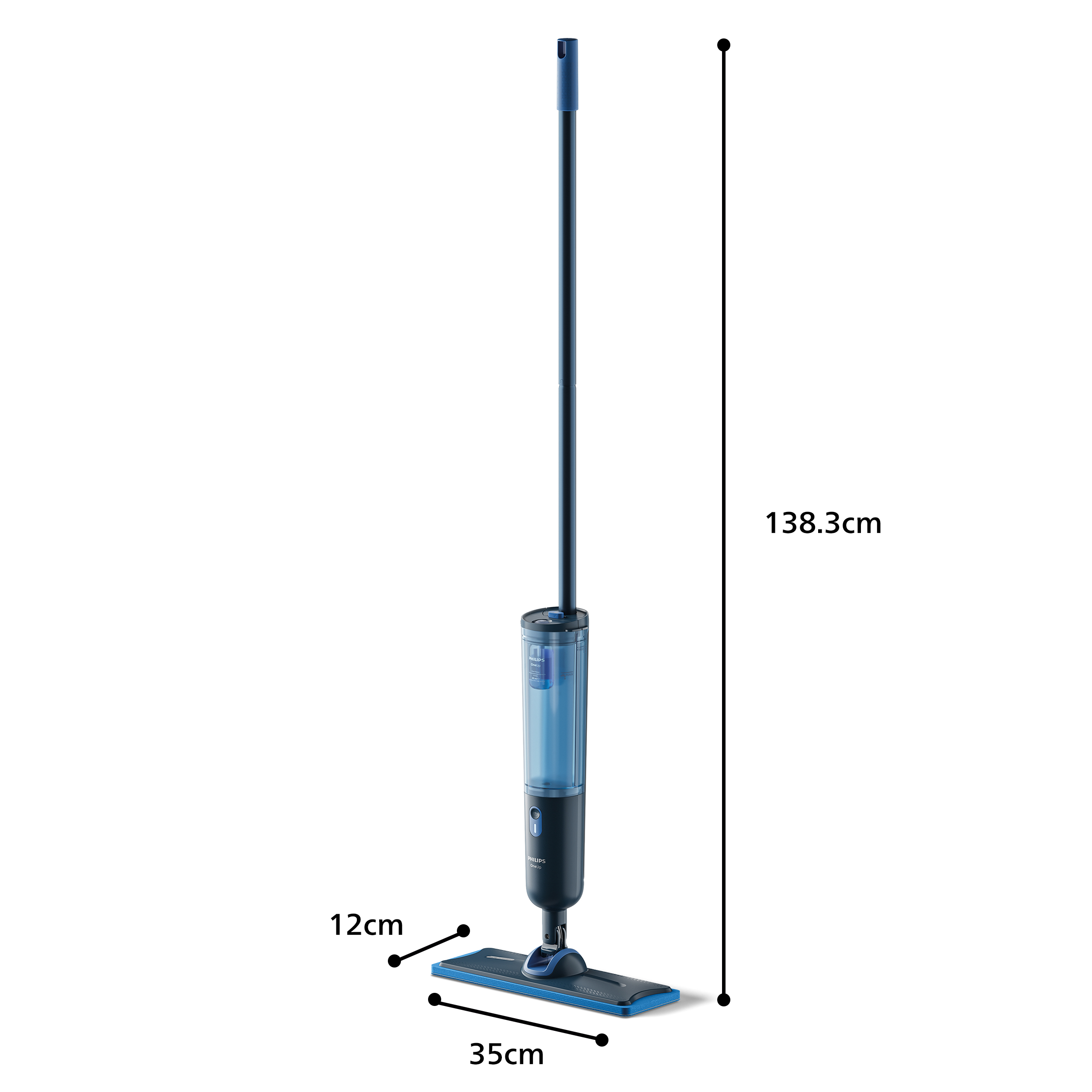 Ein blauer und schwarzer Mopp mit Messungen.