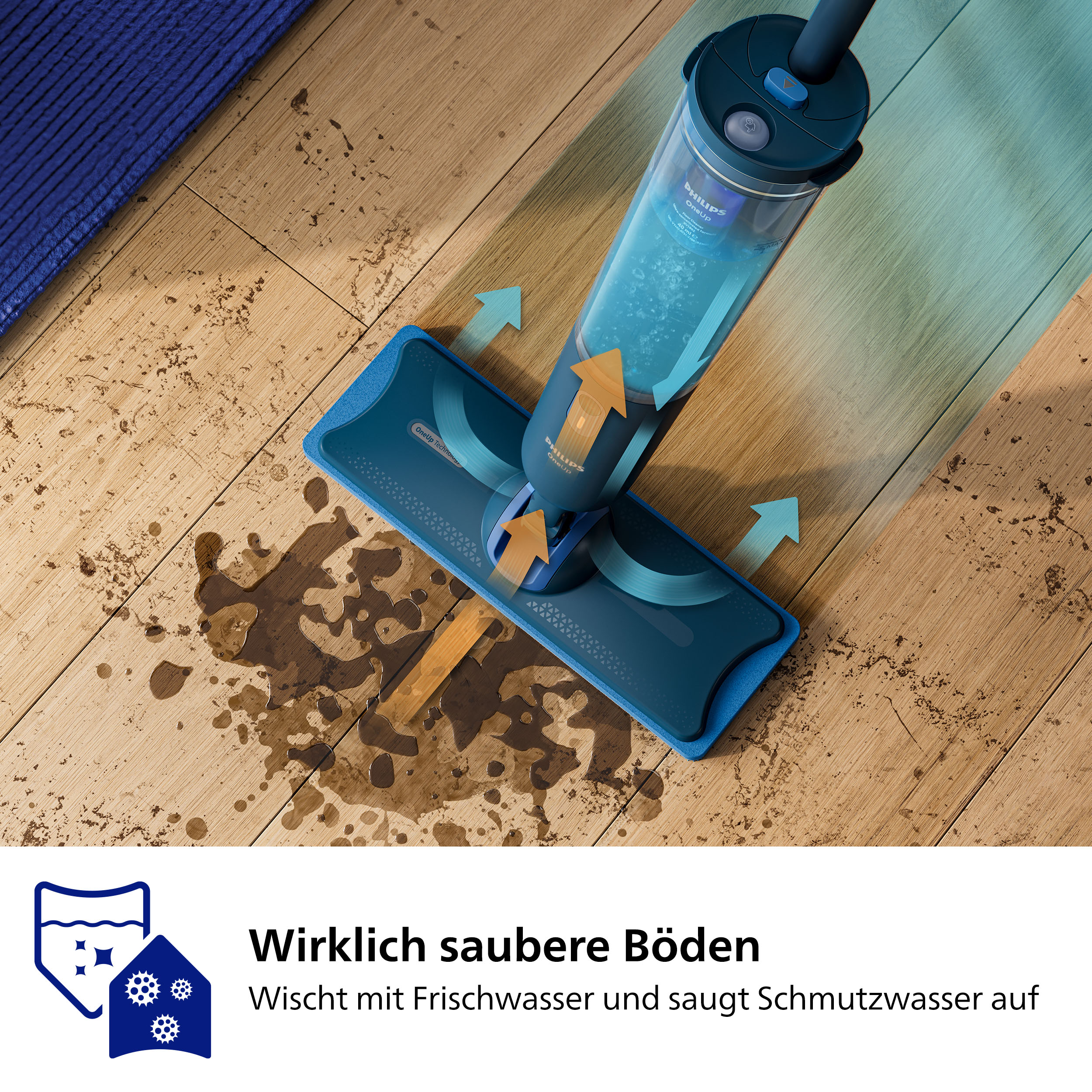 Reinigungsgerät auf Holzboden mit blauem Teppich.