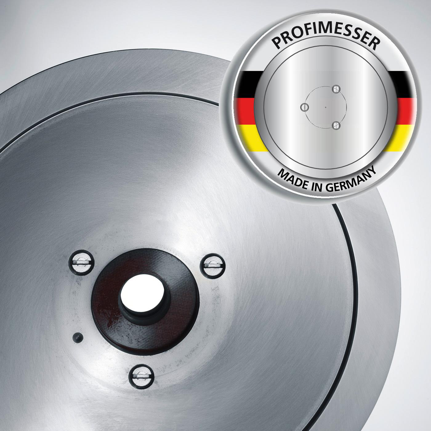 Nahaufnahme eines silbernen Kreissägeblatts mit einem deutschen Flaggenemblem und dem Text 'PROFIMESSER'.