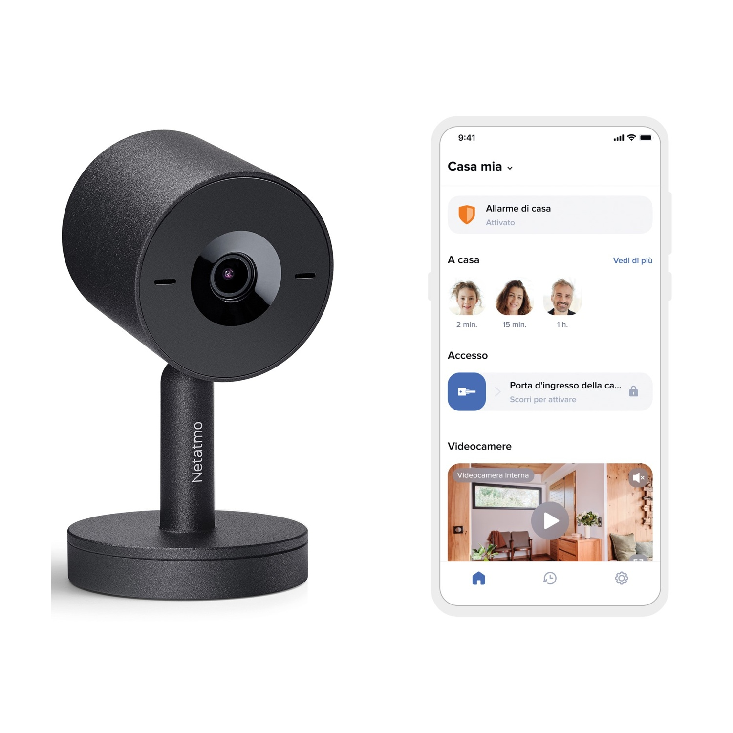 Telecamera domestica intelligente nera con un telefono che mostra un'app di monitoraggio domestico.