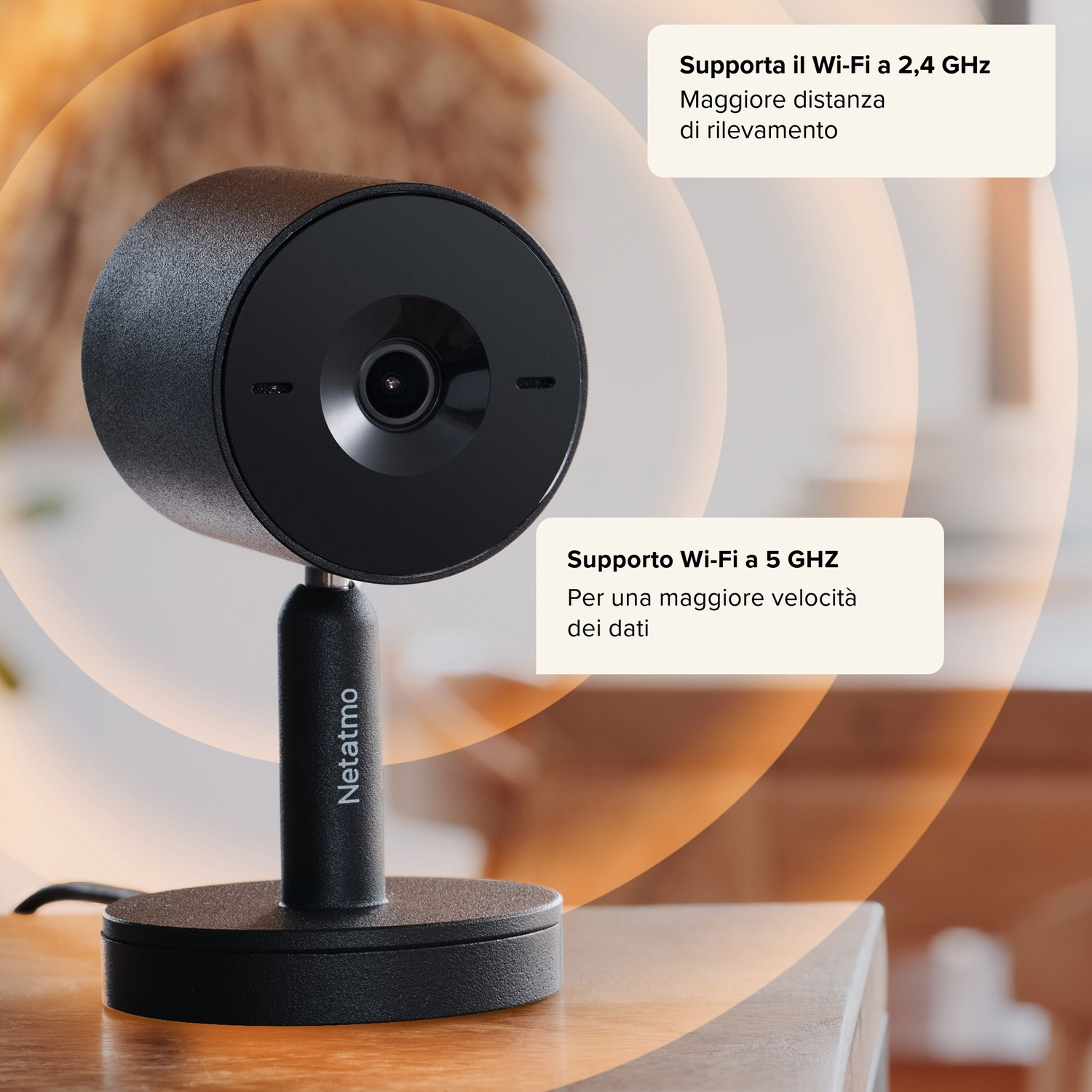 Telecamera Netatmo nera con etichette di testo, su una superficie in legno, con sfondo sfocato.