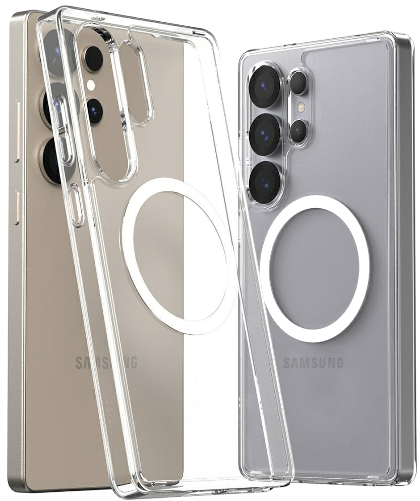 Dwa etui na telefon, jedno przezroczyste, drugie beżowe, pokazujące tył telefonu.