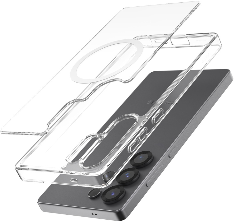 Etui na telefon z telefonem w środku. Przezroczyste plastikowe etui z magnetycznym pierścieniem z tyłu.