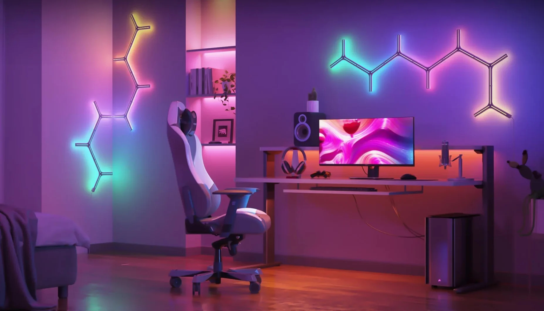 Pokój do gier z białym krzesłem, konfiguracją komputera i neonami. Oświetlenie jest różowe i fioletowe.