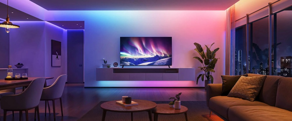 Salon z kolorowym oświetleniem u góry i u dołu. Telewizor wyświetla scenę zorzy polarnej.