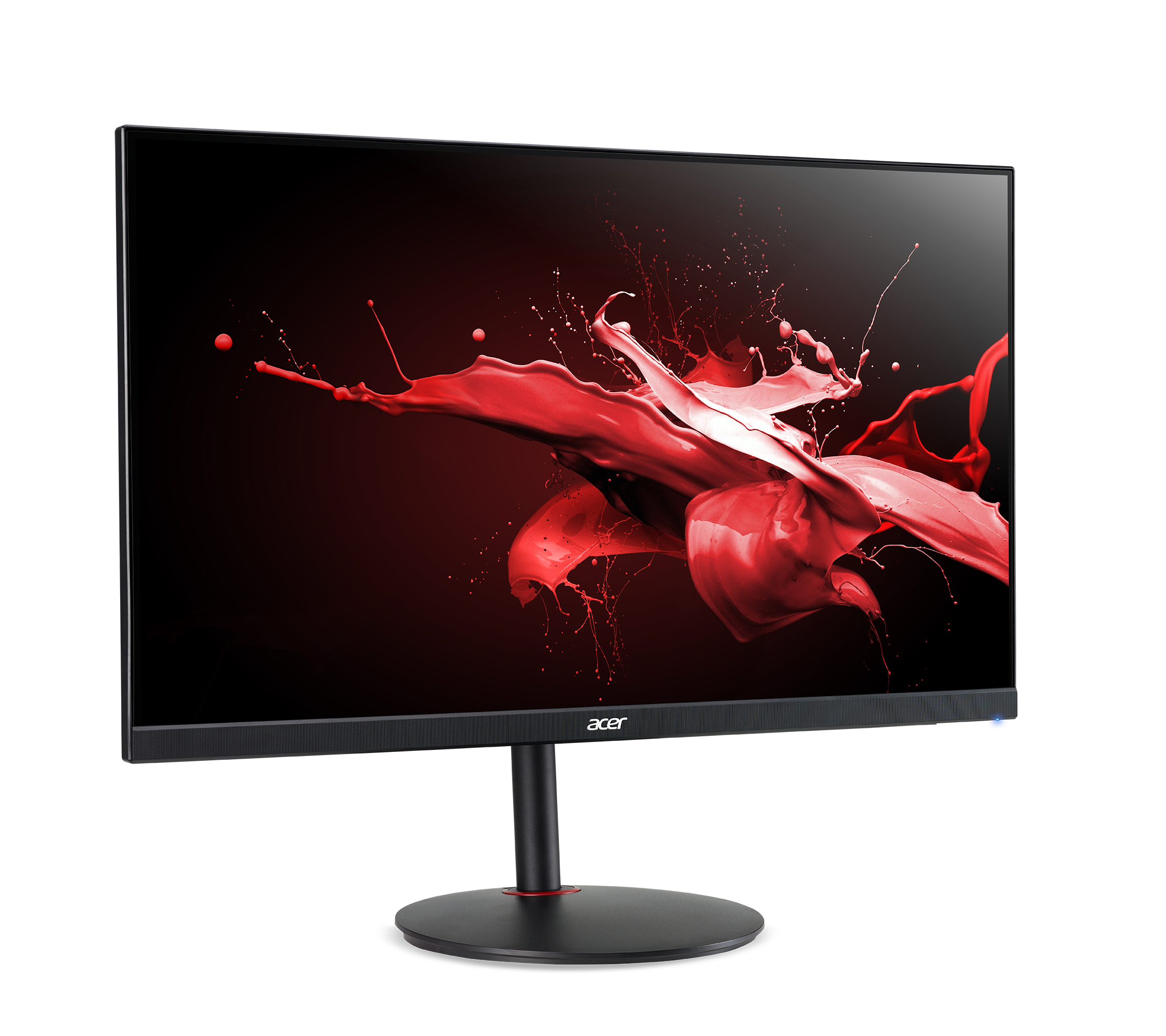 Schwarzer Acer Monitor mit roter Farbspritzer-Kunst, schwarzem Ständer.