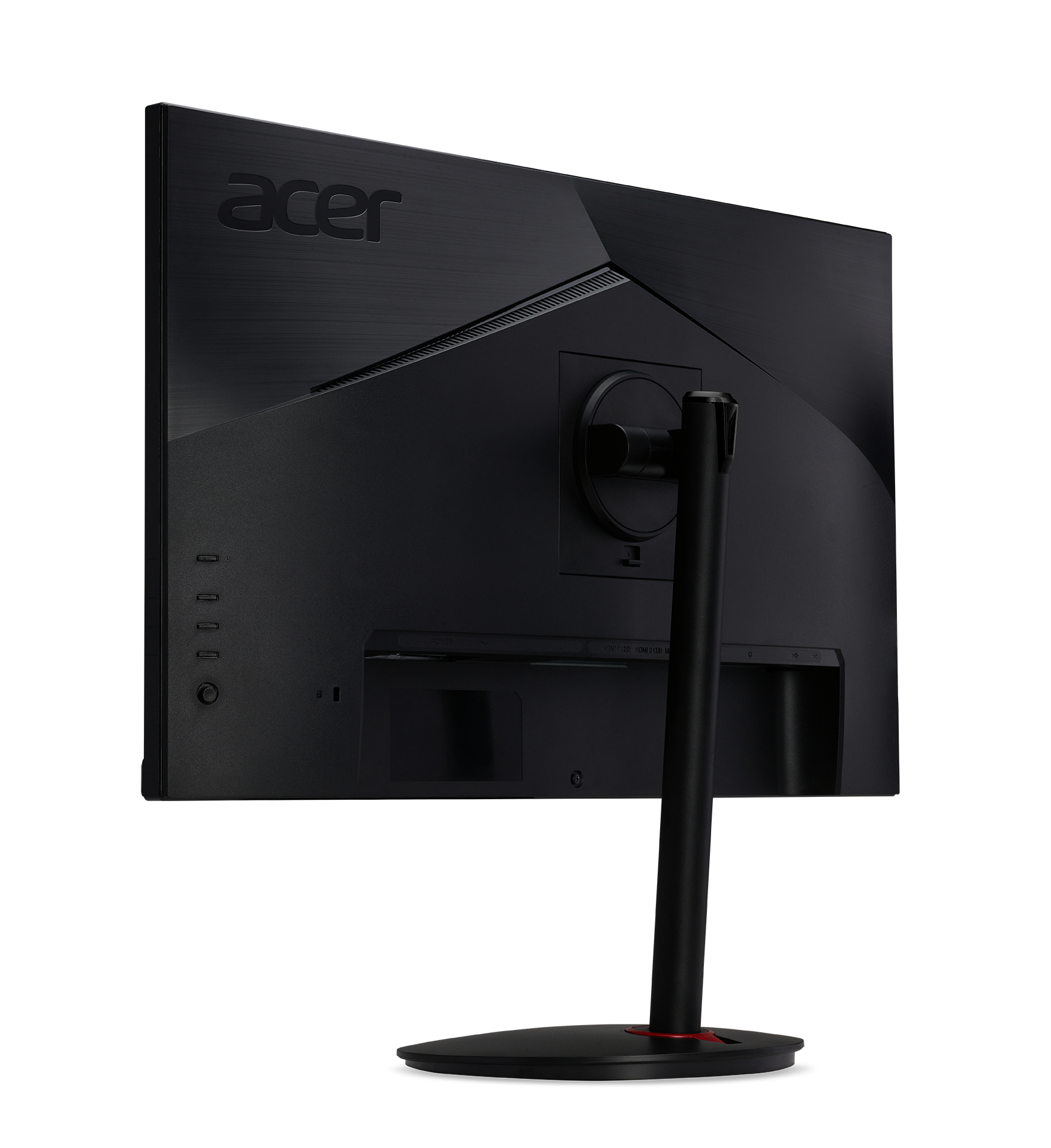 Rückseite eines schwarzen Acer Monitors mit Ständer und schwarzem Hintergrund.