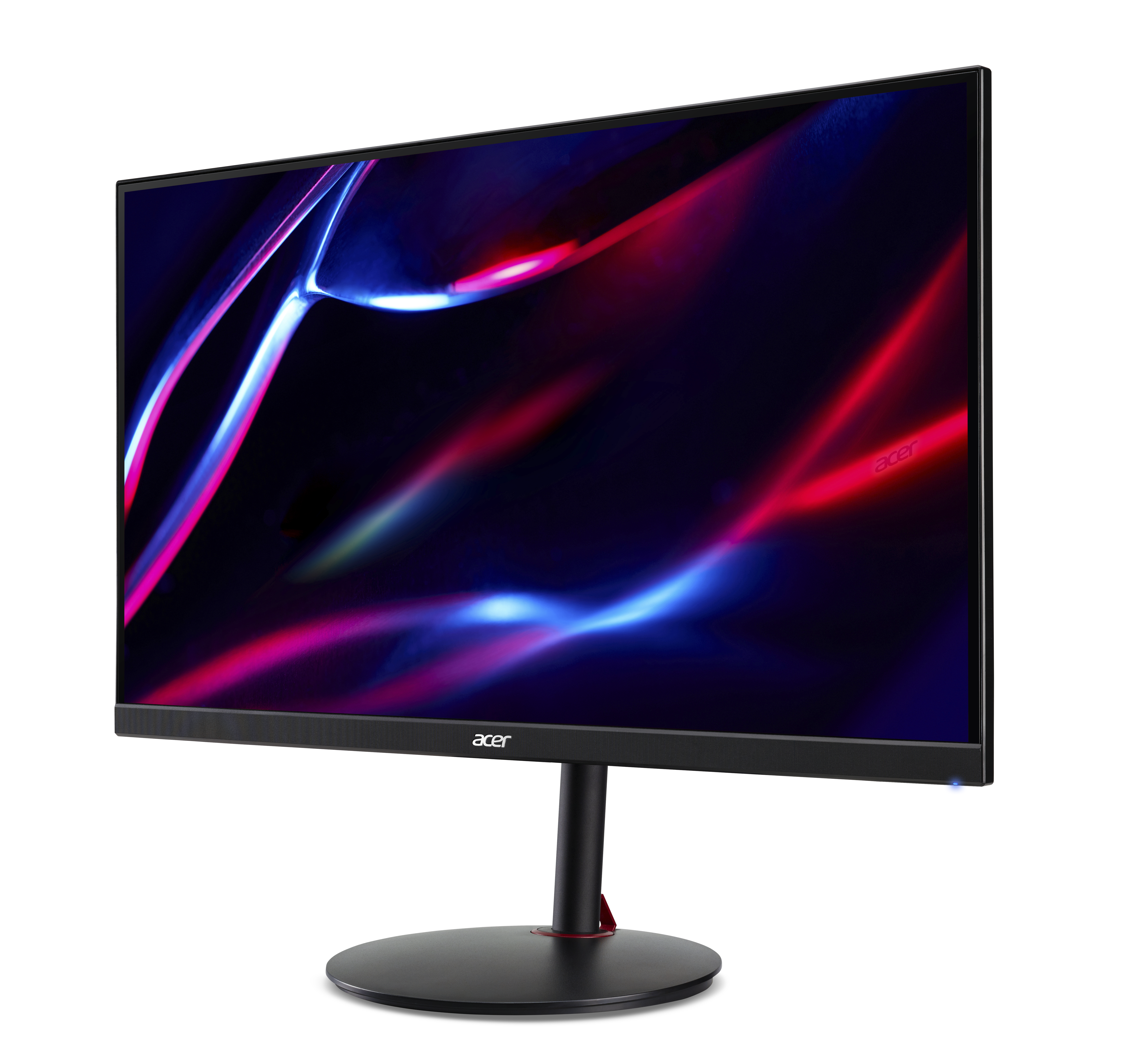 Schwarzer Acer Monitor mit rot-blauer Grafik, schwarzem Ständer.