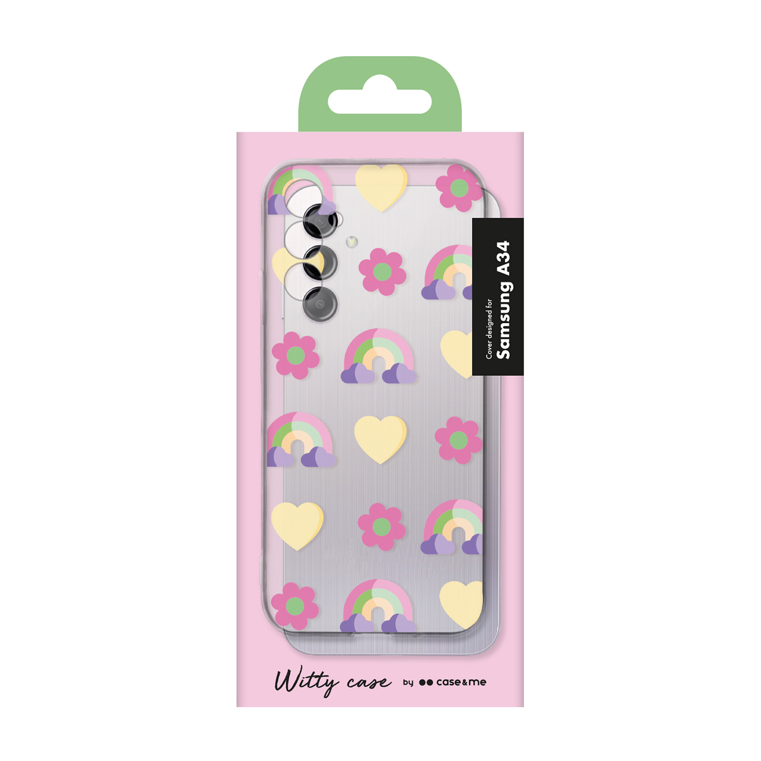Scatola rosa con custodia per telefono. La custodia è trasparente con fiori e arcobaleno.