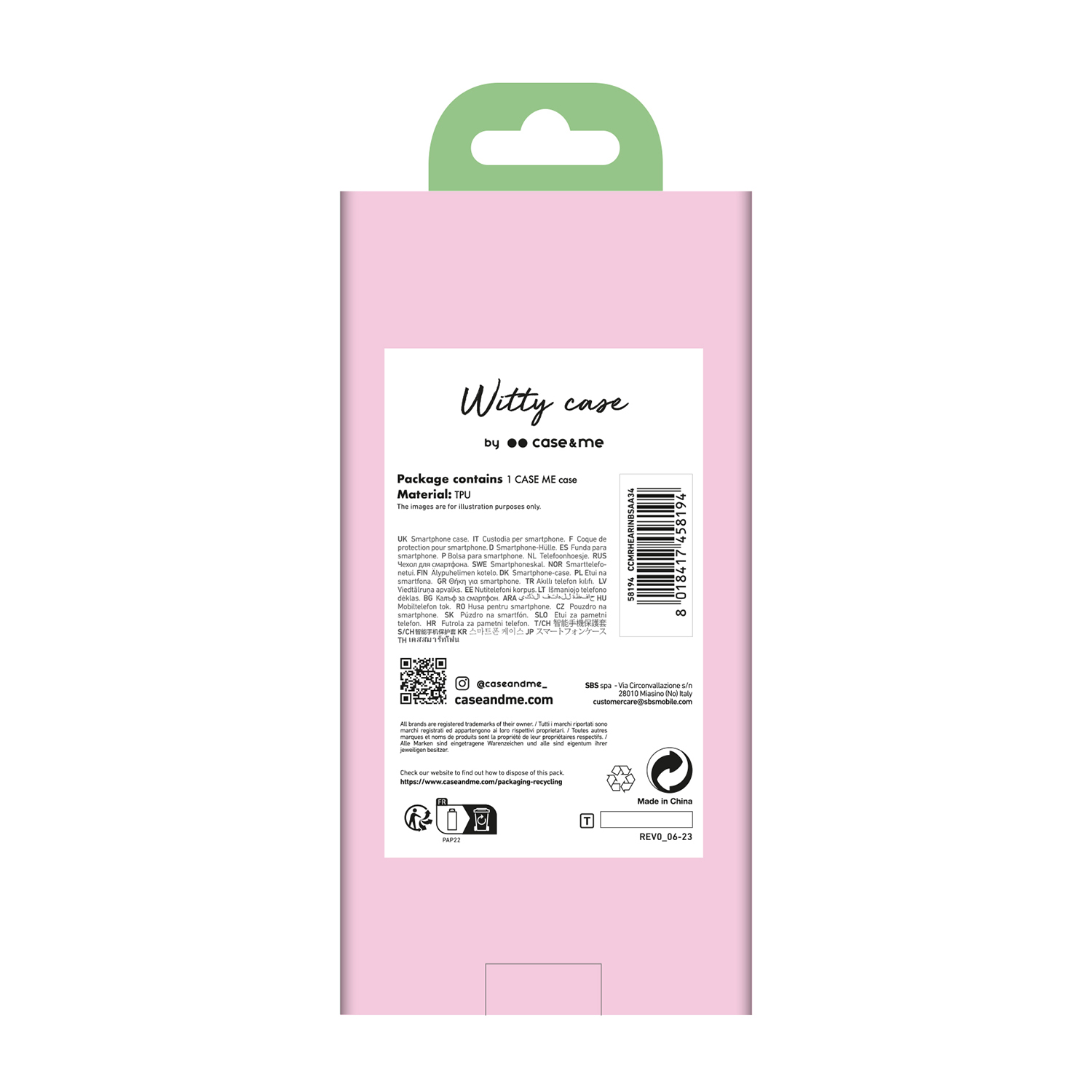 Retro di una scatola rosa di custodia per telefono. Testo e simbolo di riciclo.