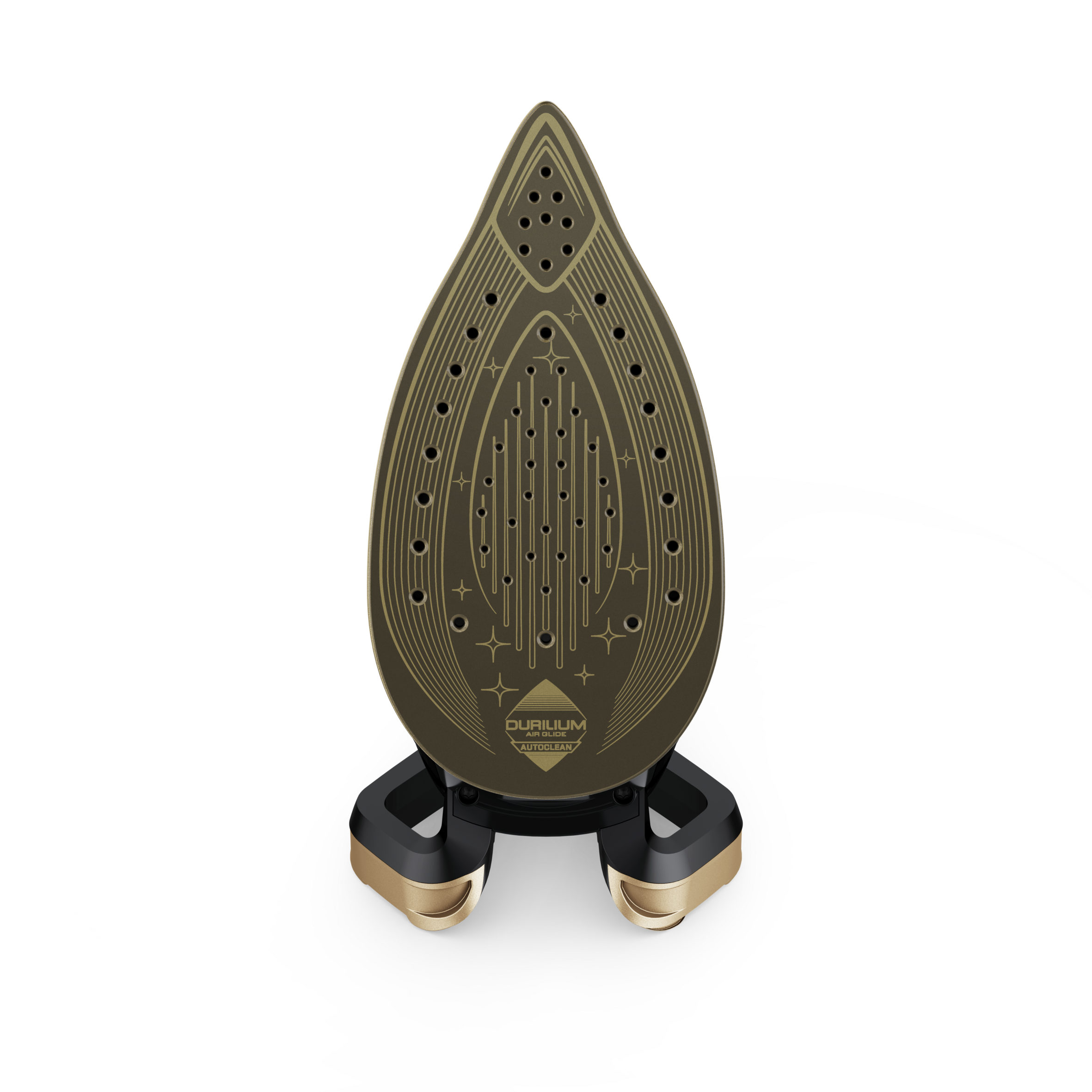 Płyta żelazka ze złotymi i czarnymi akcentami.