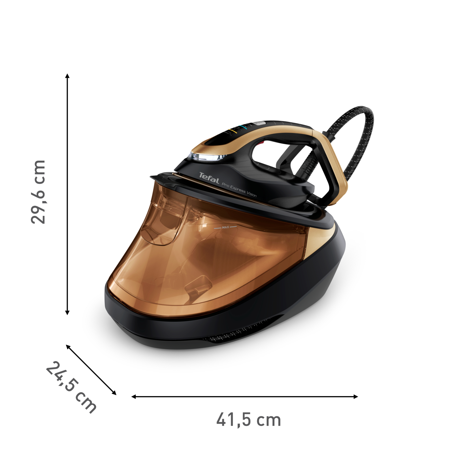 Czarne i złote żelazko z wymiarami: 29,6 cm wysokości, 24,5 cm szerokości i 41,5 cm długości.