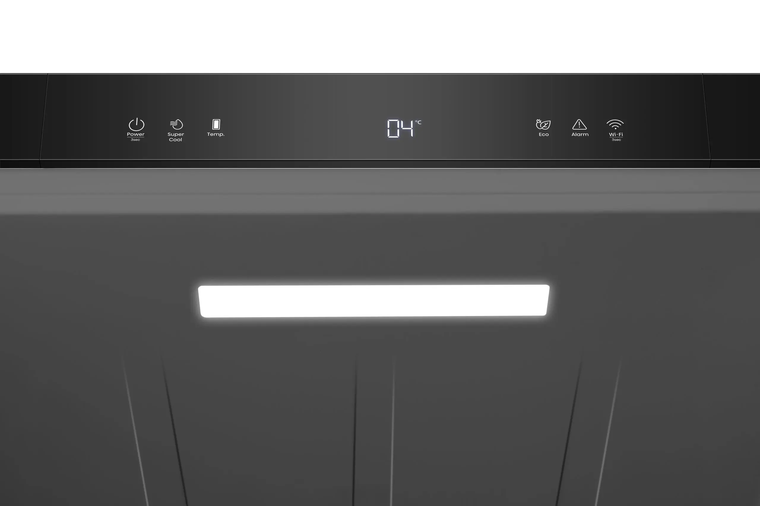 Hűtőszekrény vezérlőpanel, képernyővel, fekete, világít.