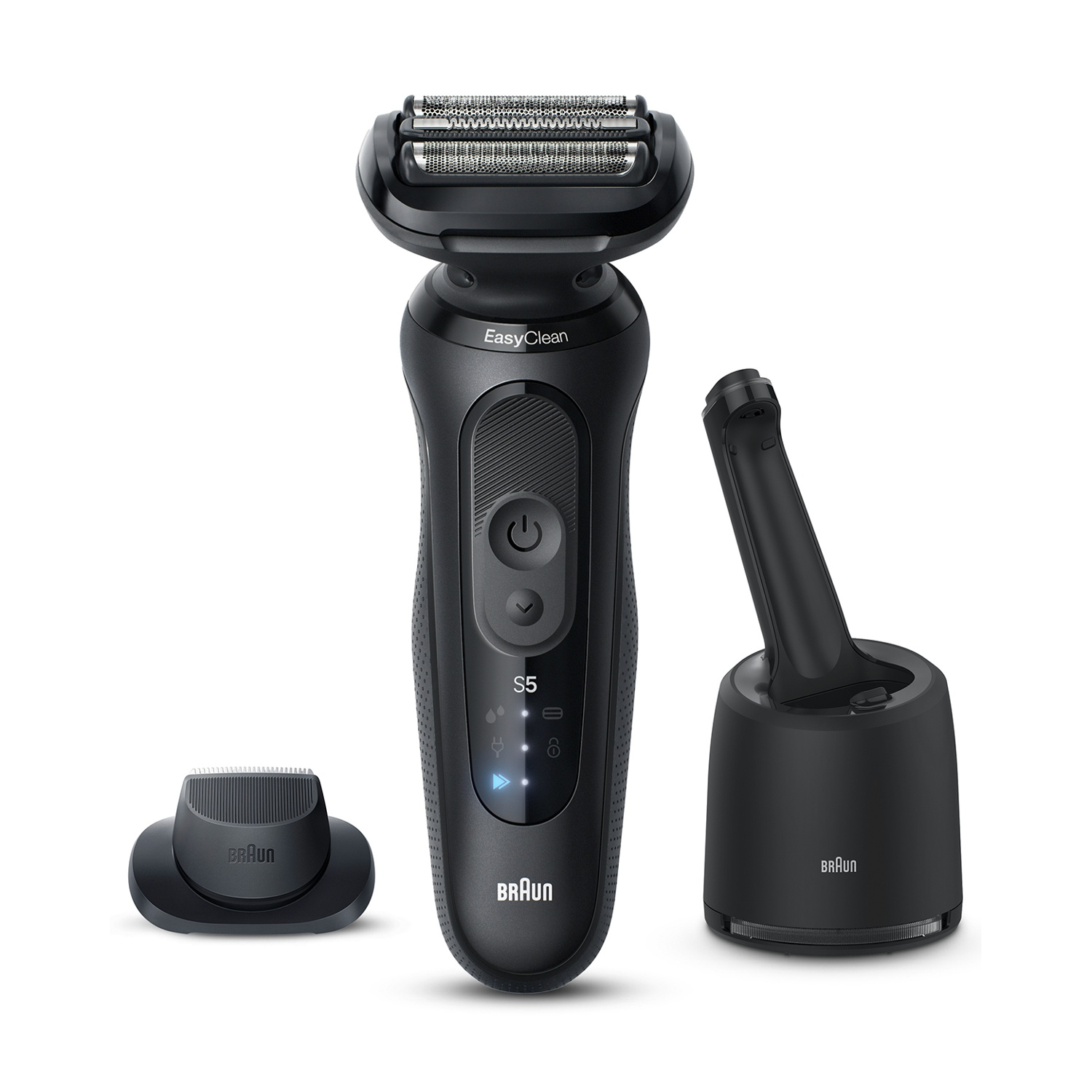 Un rasoio elettrico nero con base di ricarica e accessorio rifinitore, tutto nero, su sfondo bianco, marchio Braun.
