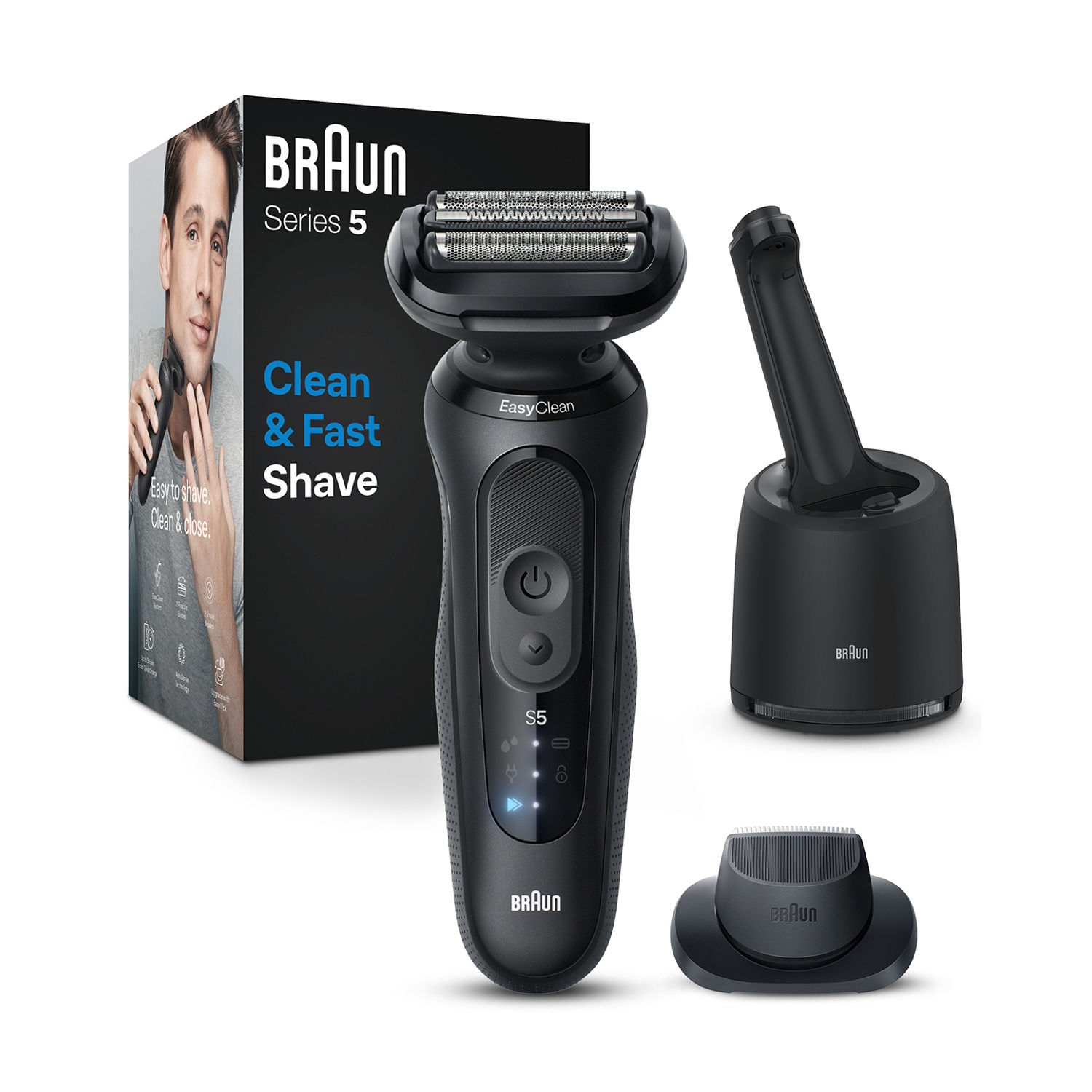 Rasoio elettrico Braun Series 5, rasatura pulita e veloce, con accessori.