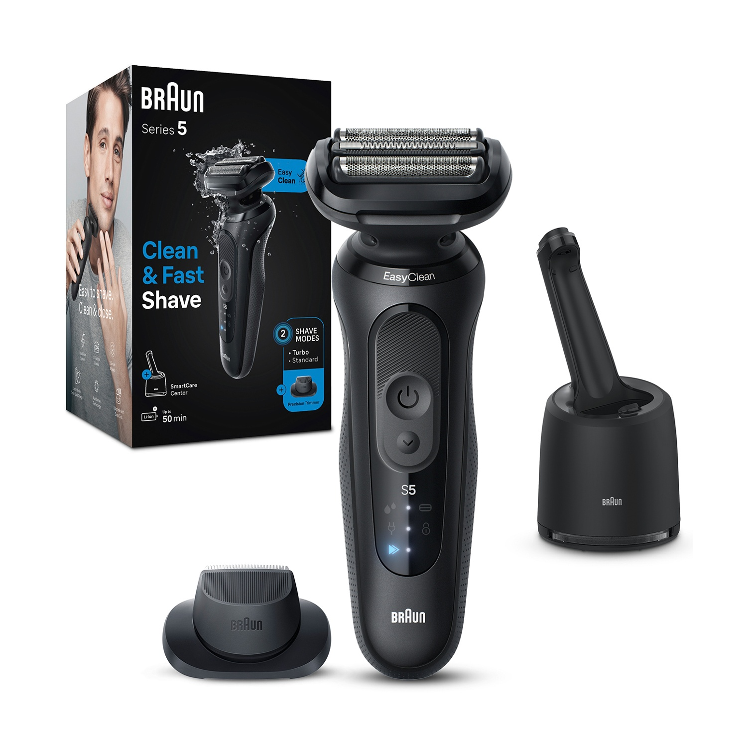 Rasoio elettrico Braun Series 5, rasatura pulita e veloce, con accessori.