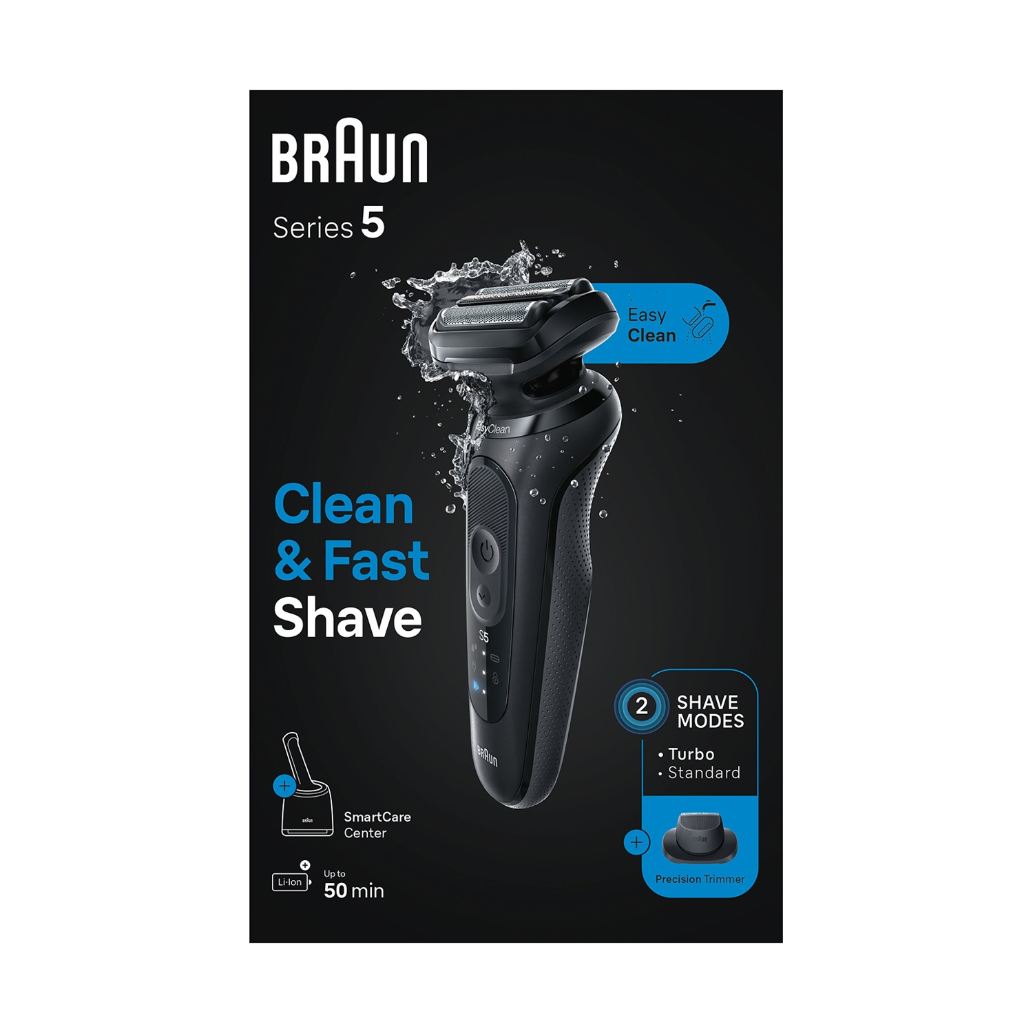 Rasoio elettrico Braun Series 5, rasatura pulita e veloce, con testo.