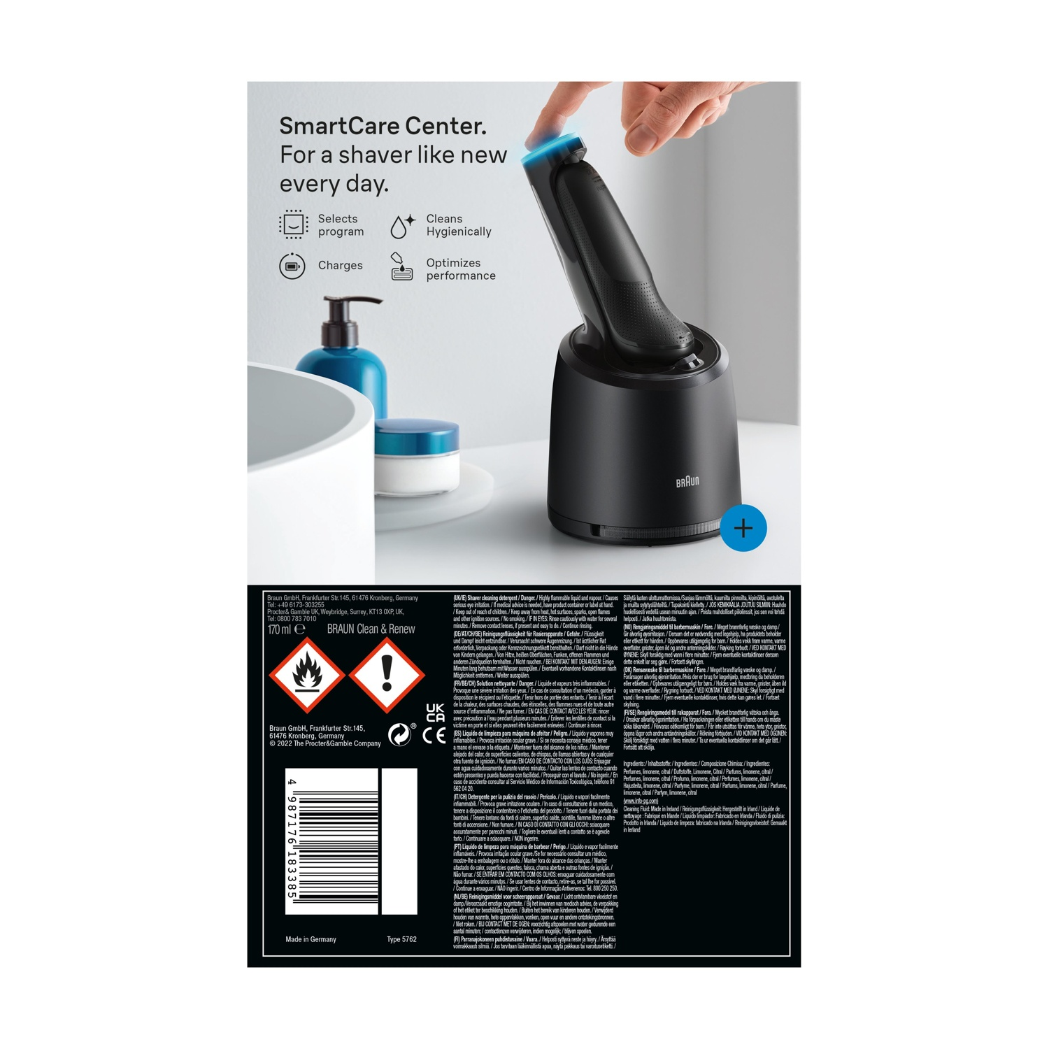 Rasoio elettrico Braun Series 5 e SmartCare Center, con testo.