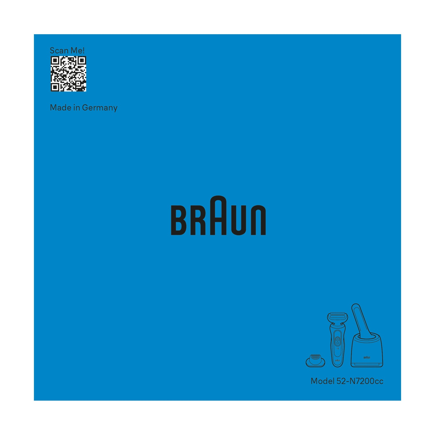 Sfondo blu con il logo Braun e grafiche di prodotti di un rasoio e una stazione di pulizia.
