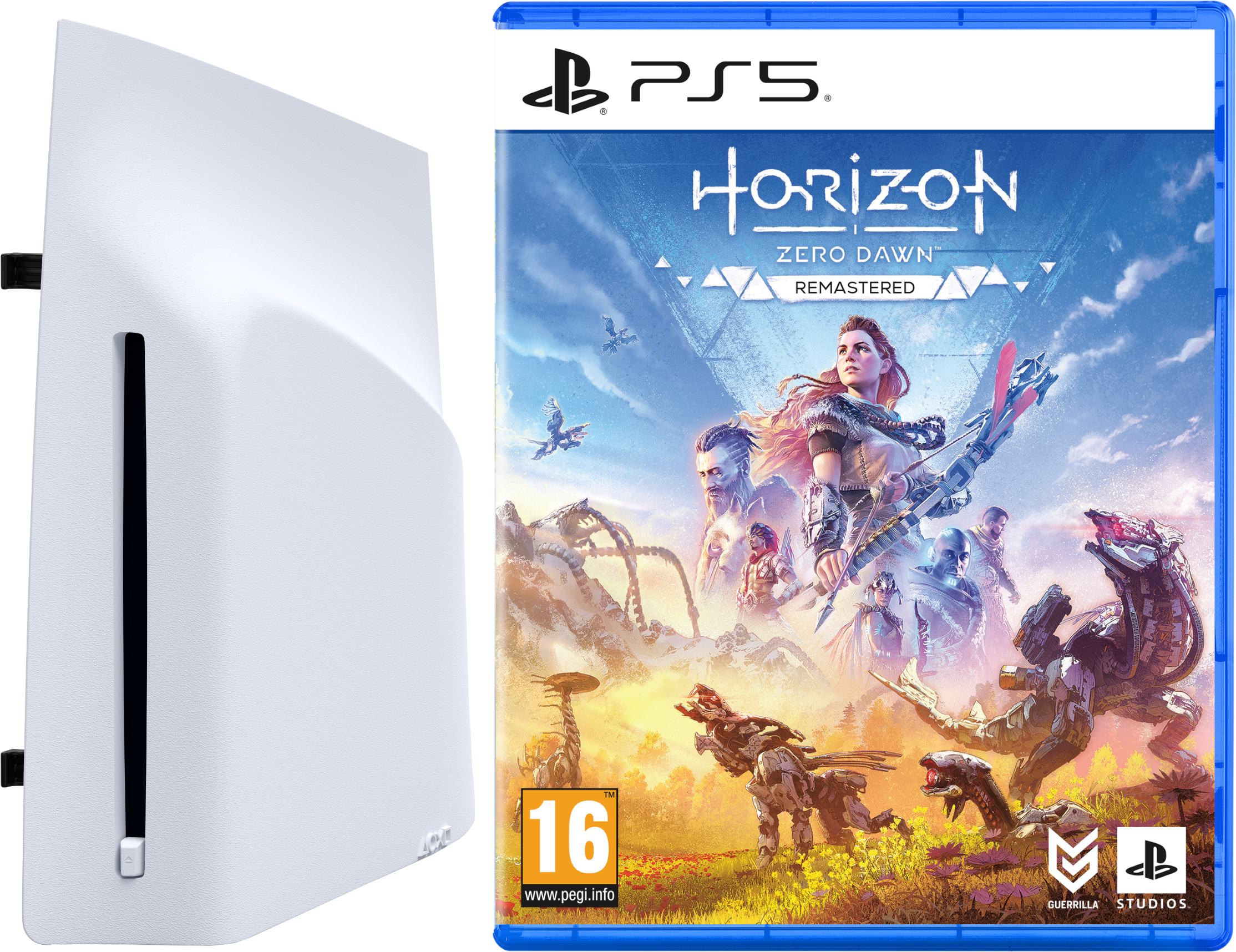 PS5-Konsole und Spielhülle von Horizon Zero Dawn Remastered.