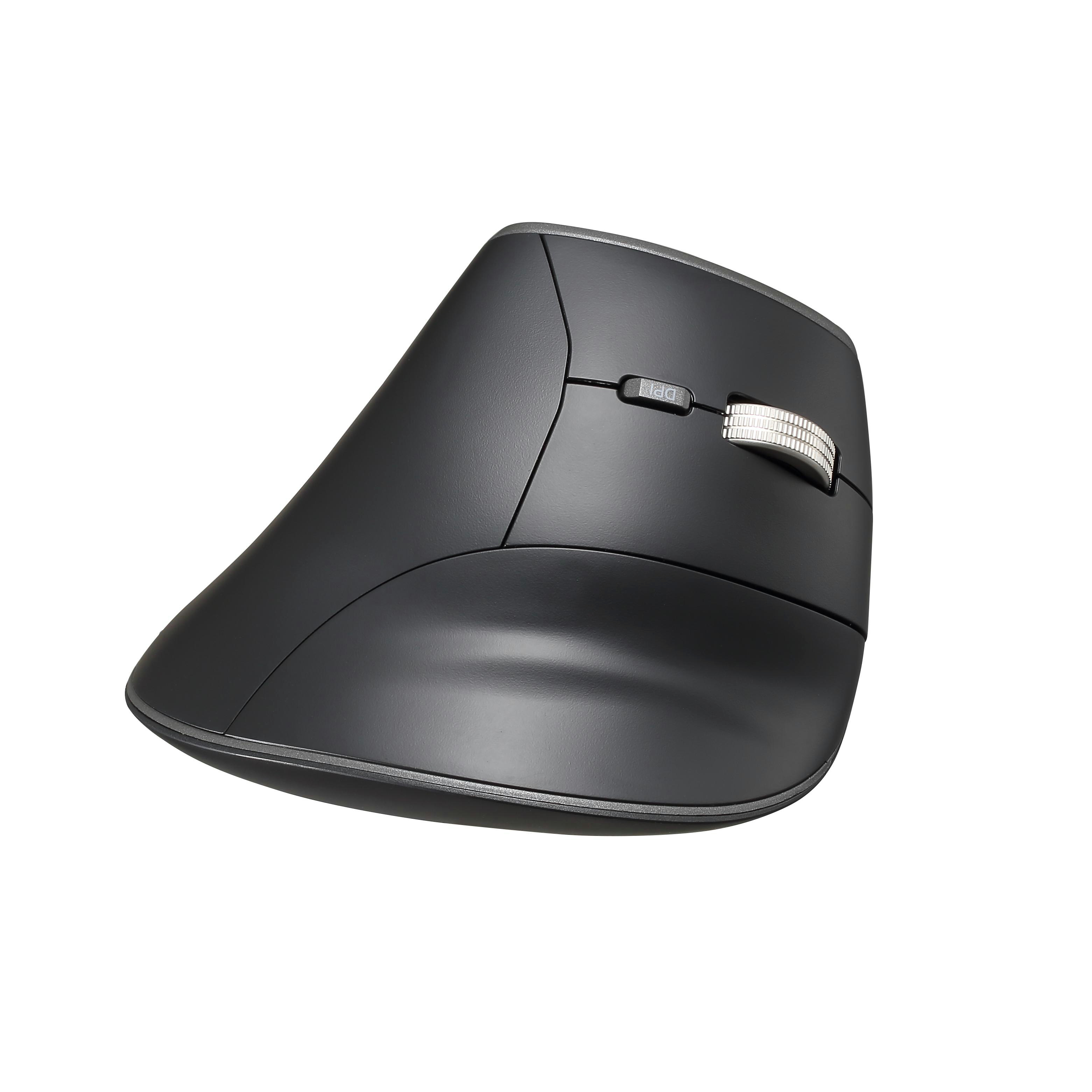 Schwarze ergonomische Maus mit DPI-Taste und Scrollrad.